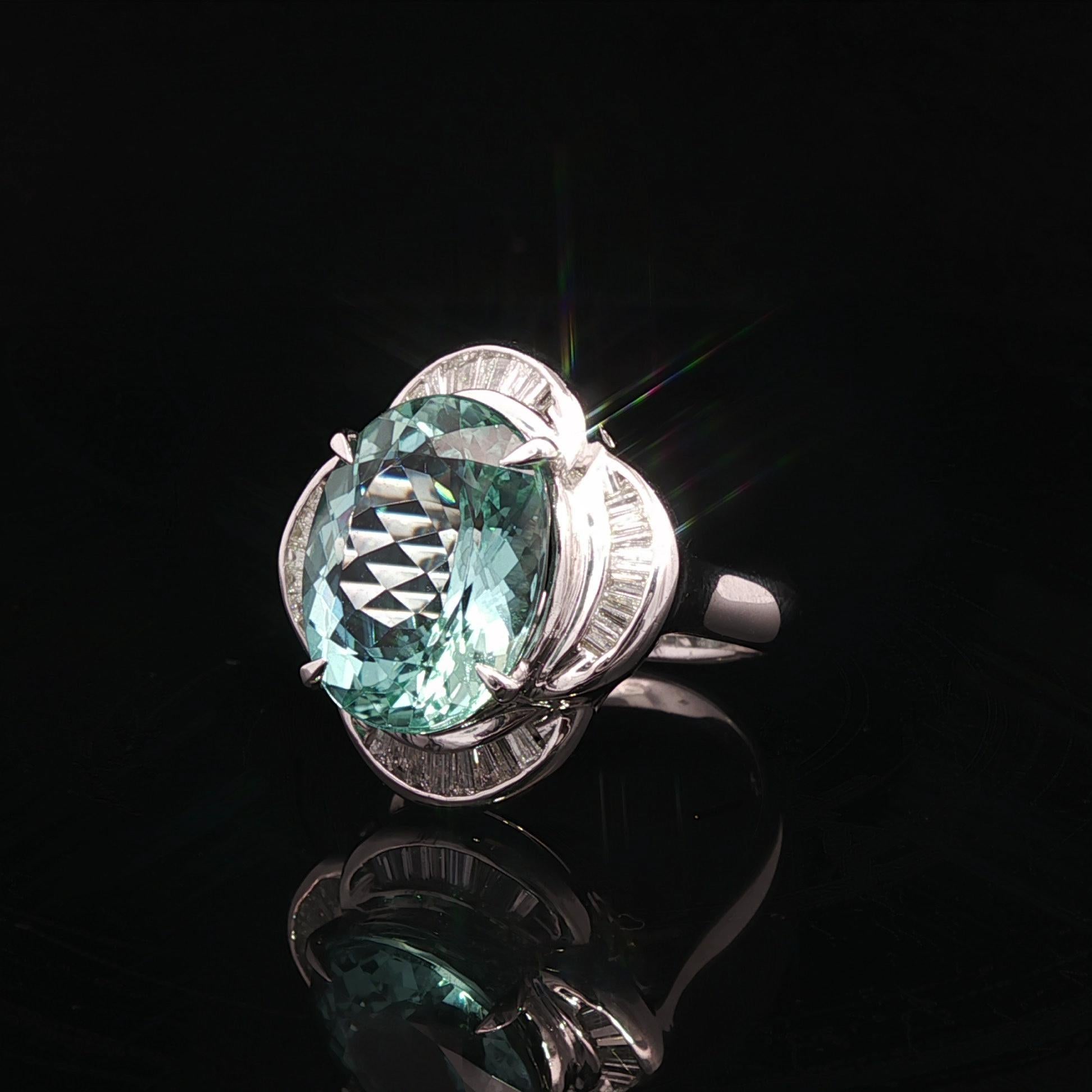 Platino GIA 6.52ctw Oval Aguamarina Azul Verdoso Baguette Anillo Flor Diamante en venta 10