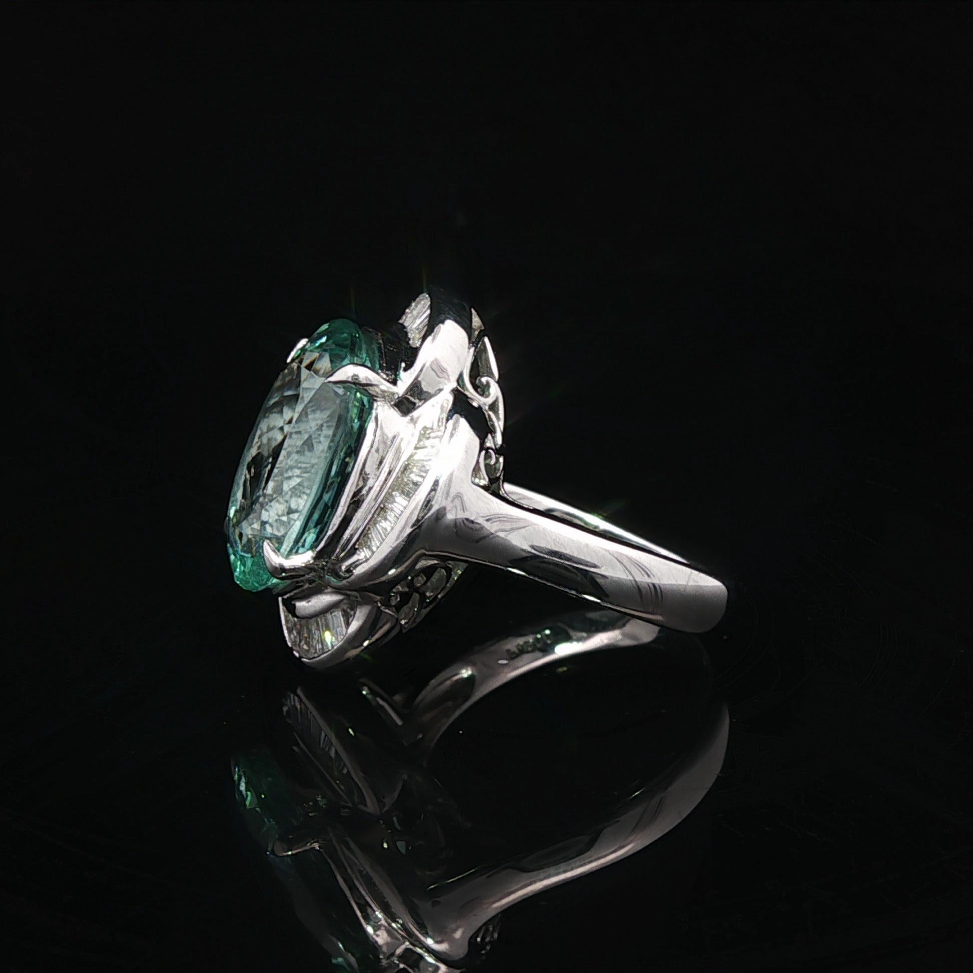 Platino GIA 6.52ctw Oval Aguamarina Azul Verdoso Baguette Anillo Flor Diamante en venta 11