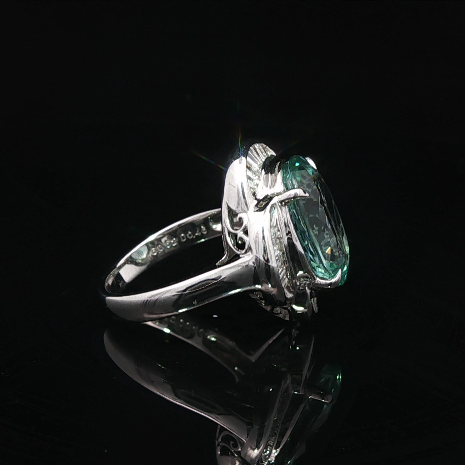 Platino GIA 6.52ctw Oval Aguamarina Azul Verdoso Baguette Anillo Flor Diamante en venta 12