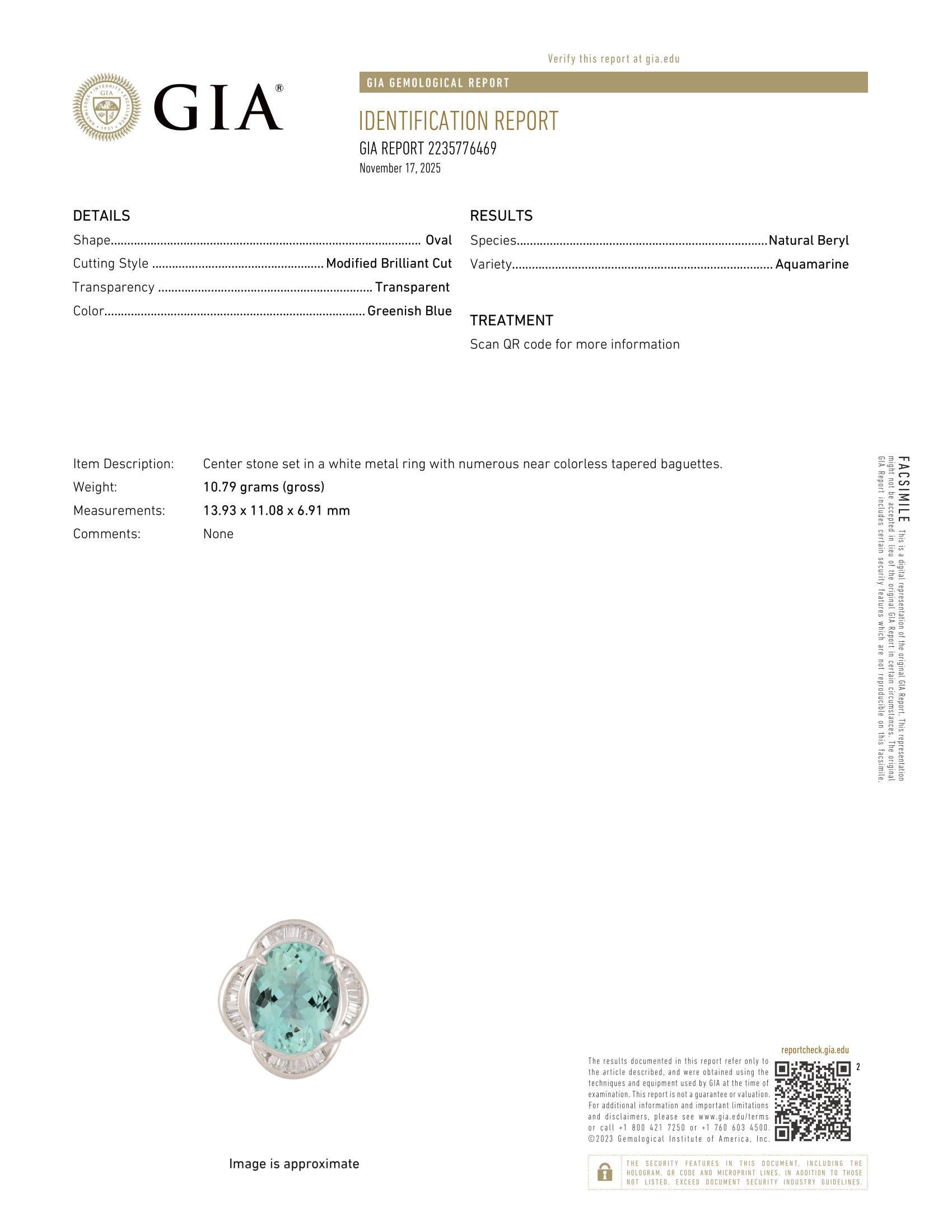 Platino GIA 6.52ctw Oval Aguamarina Azul Verdoso Baguette Anillo Flor Diamante en venta 14