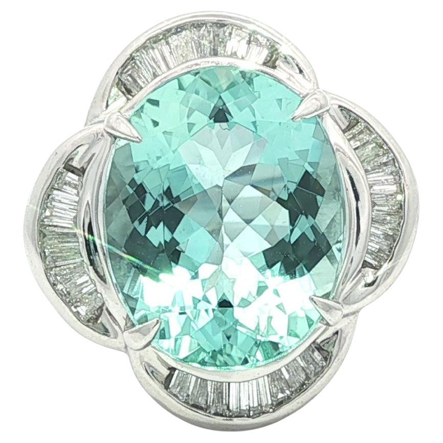 Platino GIA 6,52ctw Anello ovale blu verdastro con acquamarina Baguette e diamante a fiore
