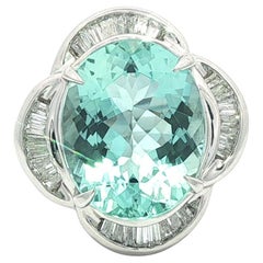 Platin GIA 6,52ctw Oval grünlich blau Aquamarin Baguette Diamant Blume Ring