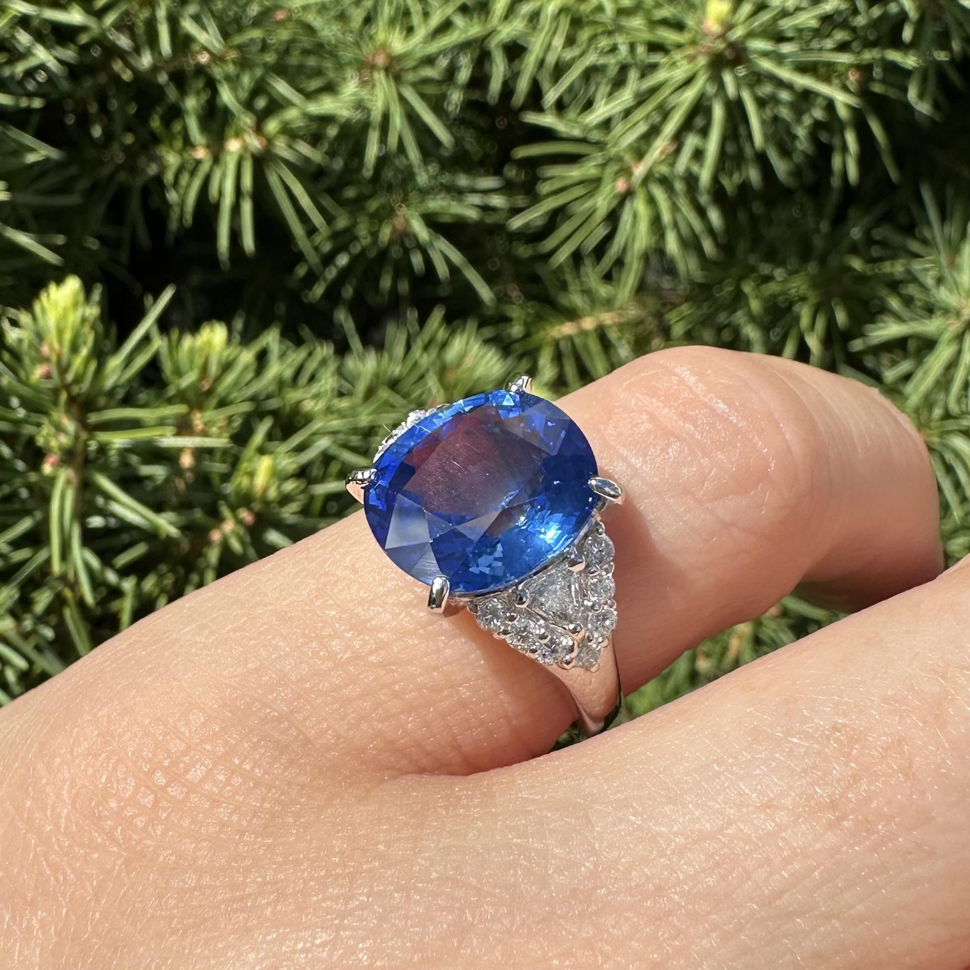 Platinum GIA 6.55ctw Large Cushion Ceylon Sapphire w/ Diamond Cluster Sides Ring For Sale 6