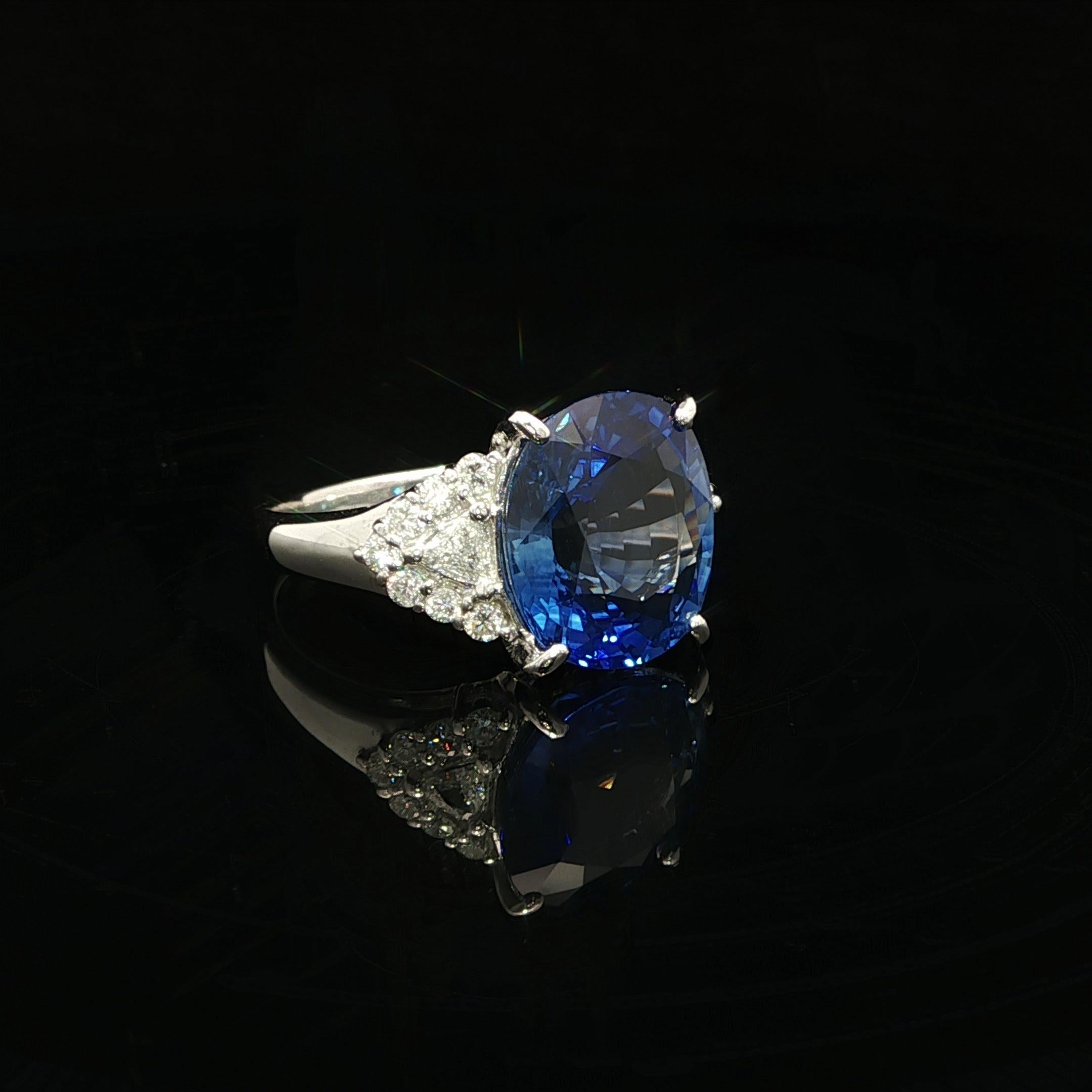 --Stone(s):--
(1) Natural Genuine Sapphire - Large Cushion Brilliant Step Cut - Prong Set - Rich Bright Color - Heated - Ceylon - 6.14ct (exact)
** See Certification Details Below for Complete Info **
(16) Natural Genuine Diamonds - Trillion Cut &