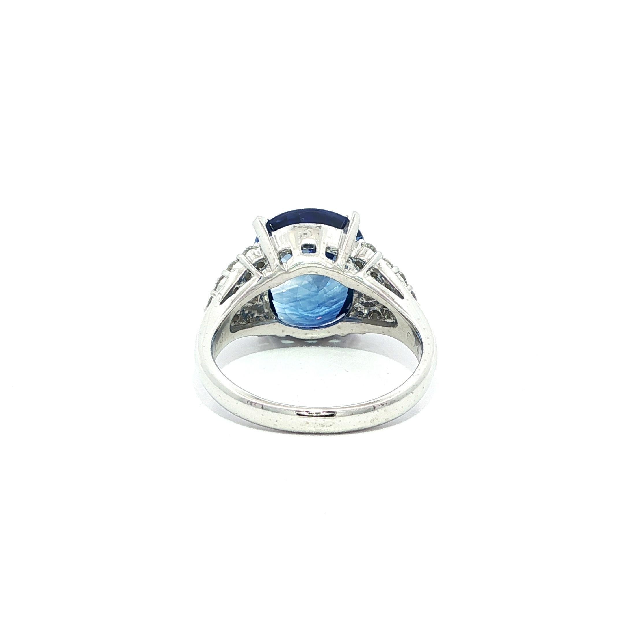 Brilliant Cut Platinum GIA 6.55ctw Large Cushion Ceylon Sapphire w/ Diamond Cluster Sides Ring For Sale