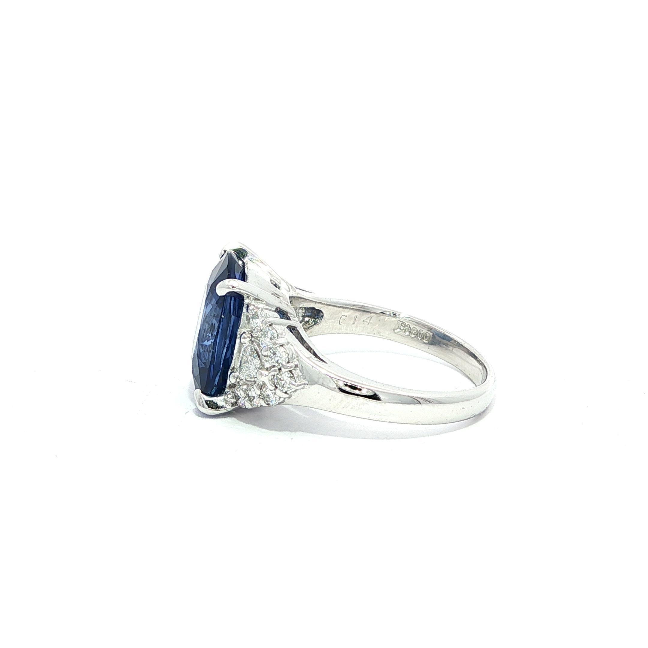 Platinum GIA 6.55ctw Large Cushion Ceylon Sapphire w/ Diamond Cluster Sides Ring In Excellent Condition For Sale In Montclair, NJ