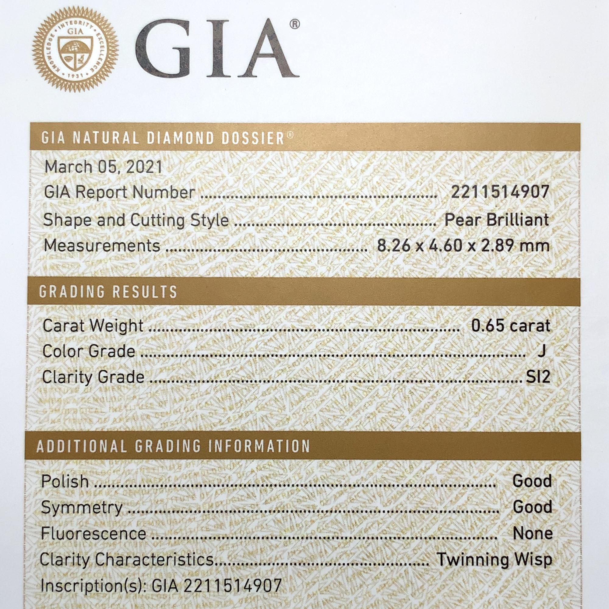 Platinum GIA .65ct Pear Cut Diamond Pendant For Sale 1