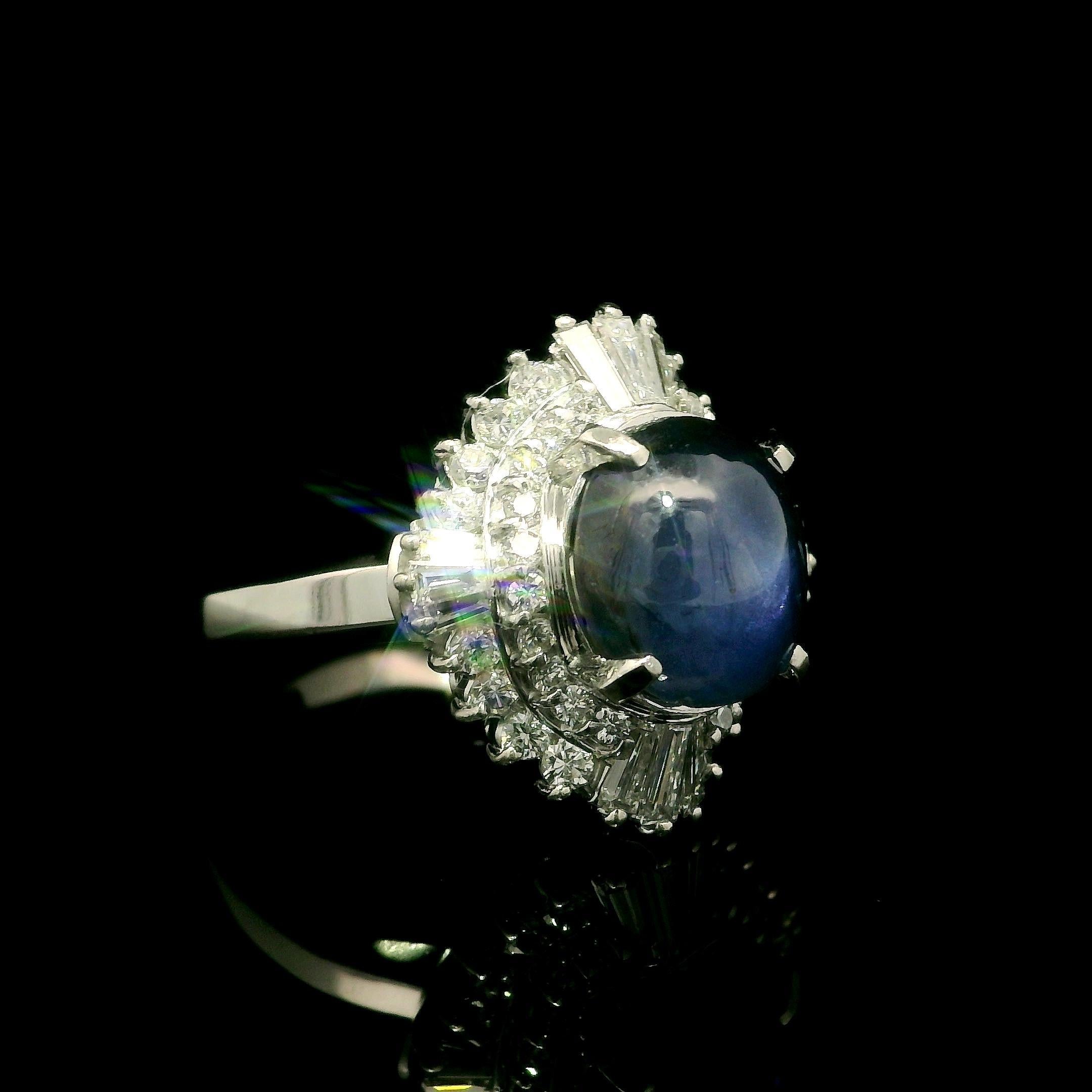 Anillo de platino GIA 6,94 ct Zafiro estrella de Birmania sin calor Diamante Bailarina Cóctel Cabujón en venta