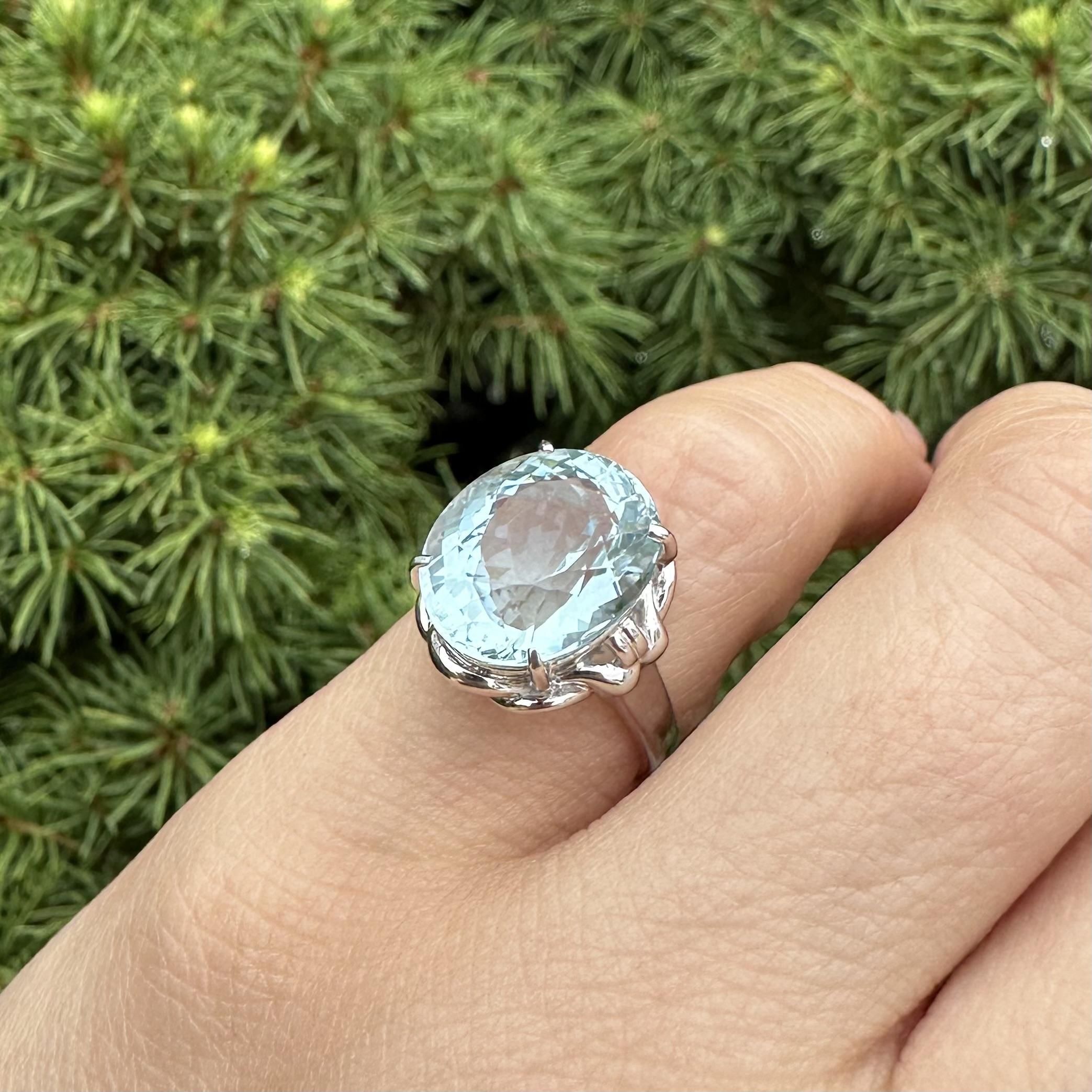 Platino GIA 7,05ct Acquamarina taglio ovale solitario Anello con cesto floreale solitario in vendita 7