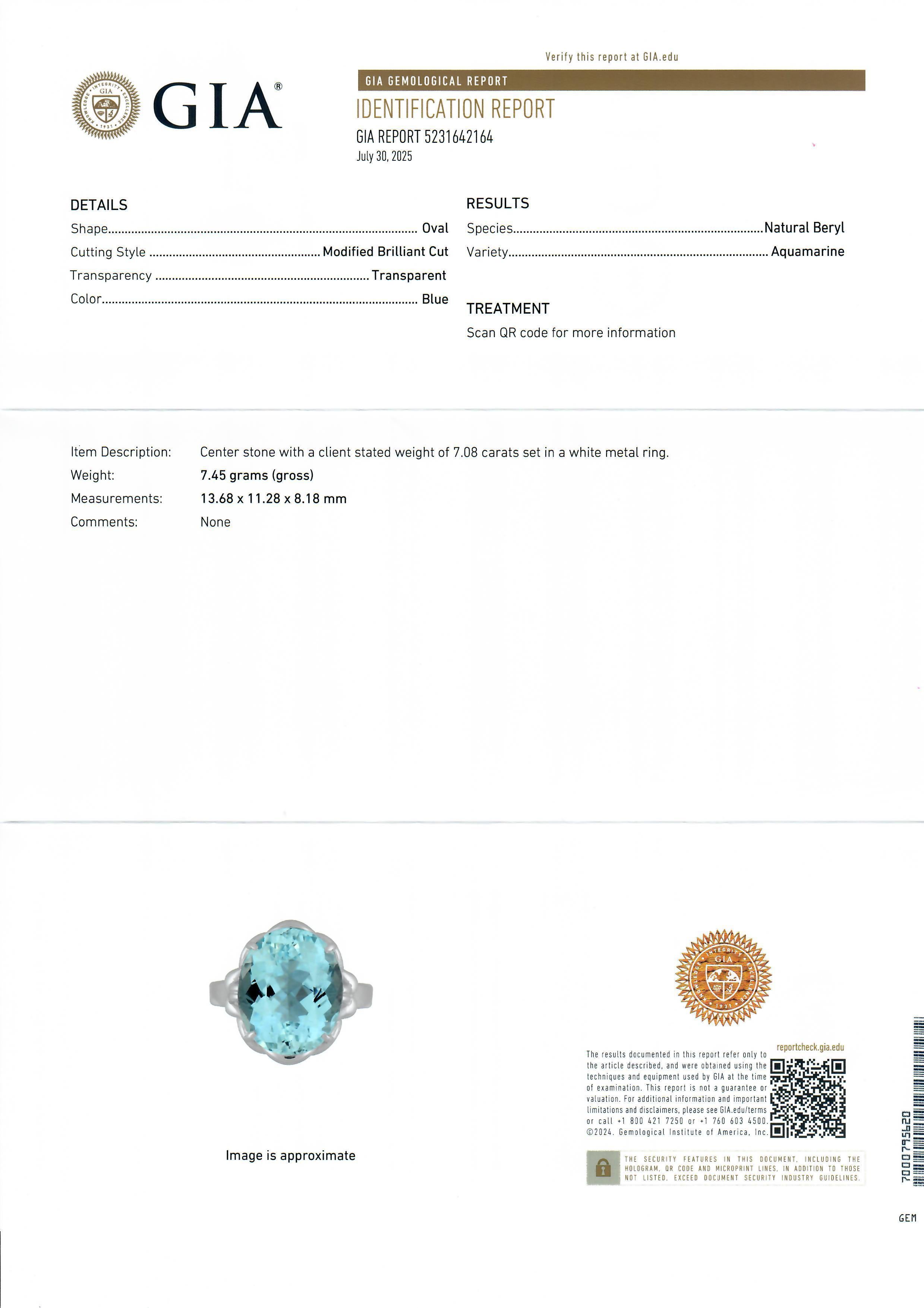 Platino GIA 7,05ct Acquamarina taglio ovale solitario Anello con cesto floreale solitario in vendita 8