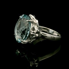 Platinum GIA 7.05ct Oval Cut Aquamarine Solitaire Floral Basket Solitaire Ring