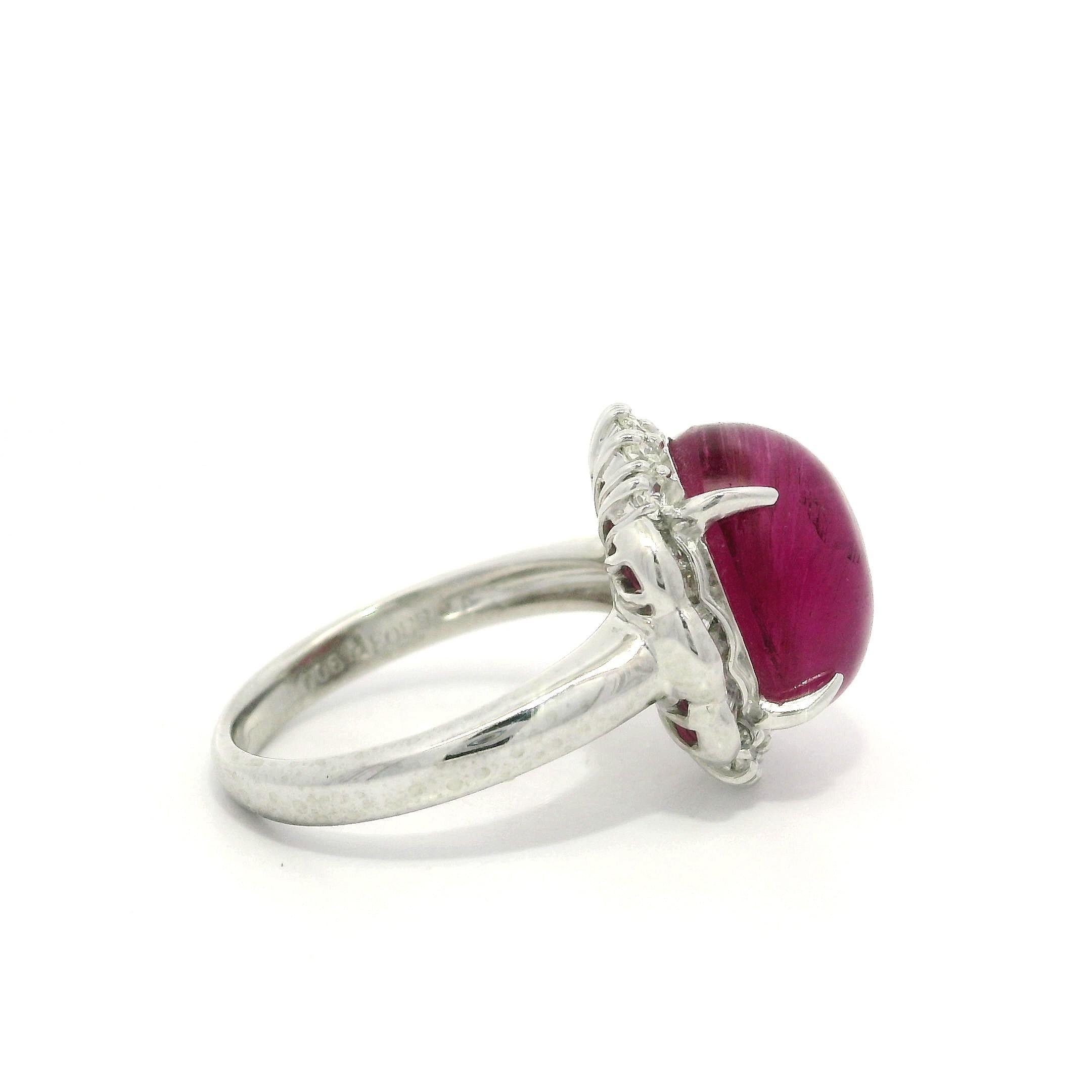 Platino GIA 7,32ct occhio di gatto rosso porpora tormalina rubellite diamante anello aureola In condizioni ottime in vendita a Montclair, NJ