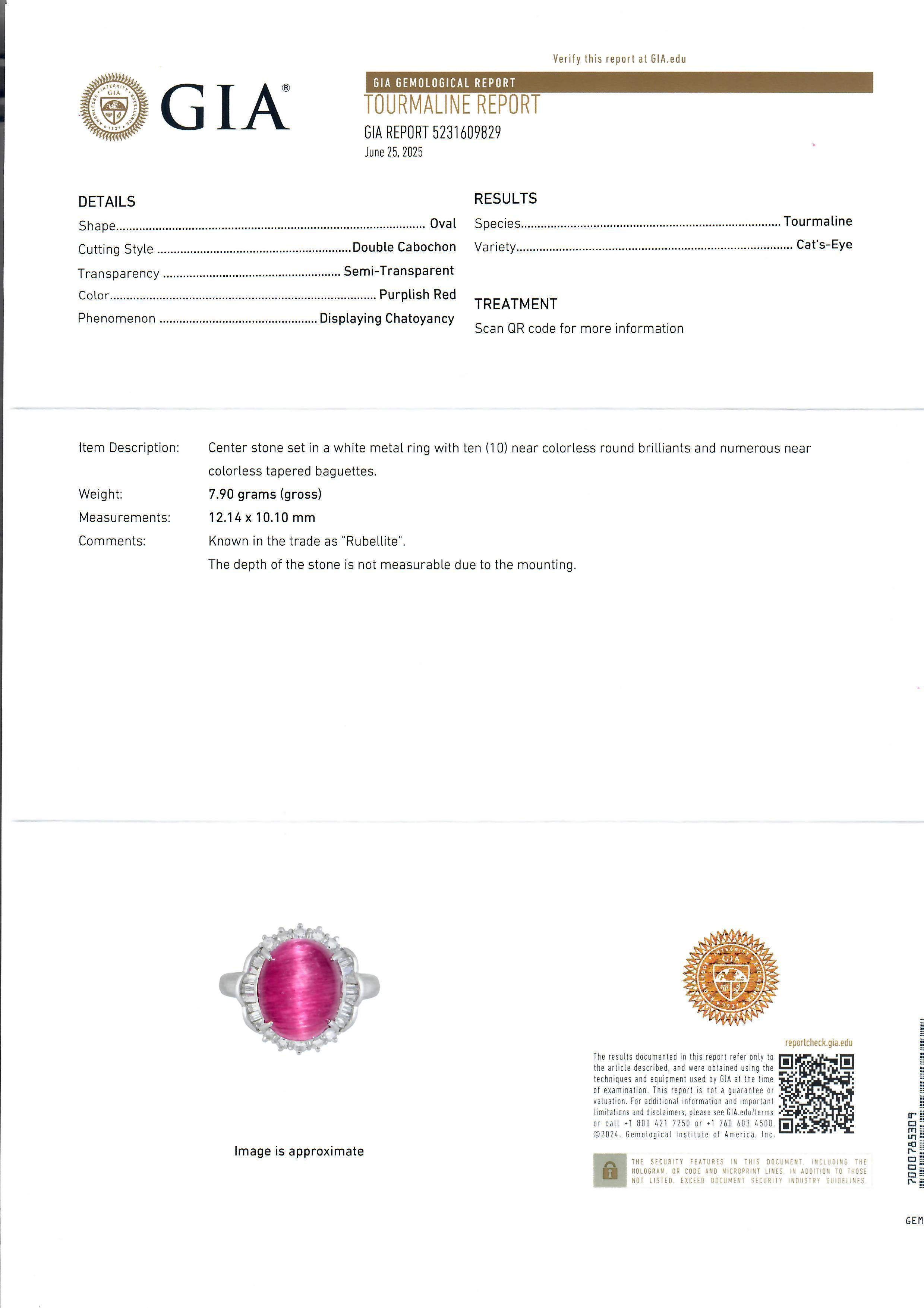 Donna Platino GIA 7,32ct occhio di gatto rosso porpora tormalina rubellite diamante anello aureola in vendita