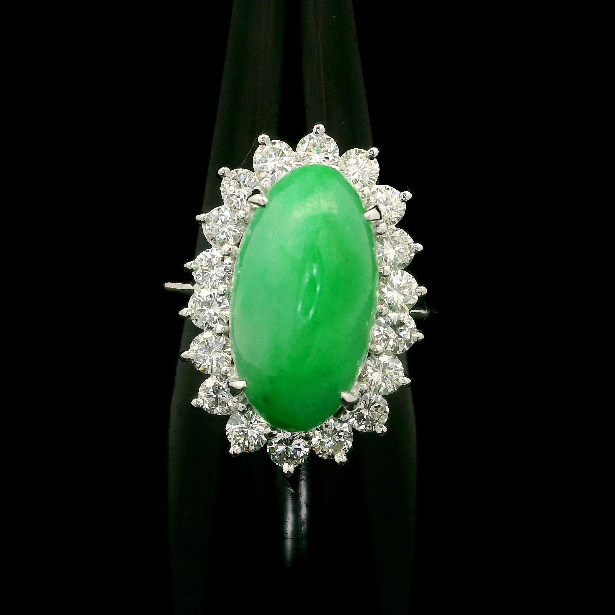 Platinum GIA 7.47ctw Elongated Oval Cabochon A Jade Diamond Halo Cocktail Ring For Sale 6