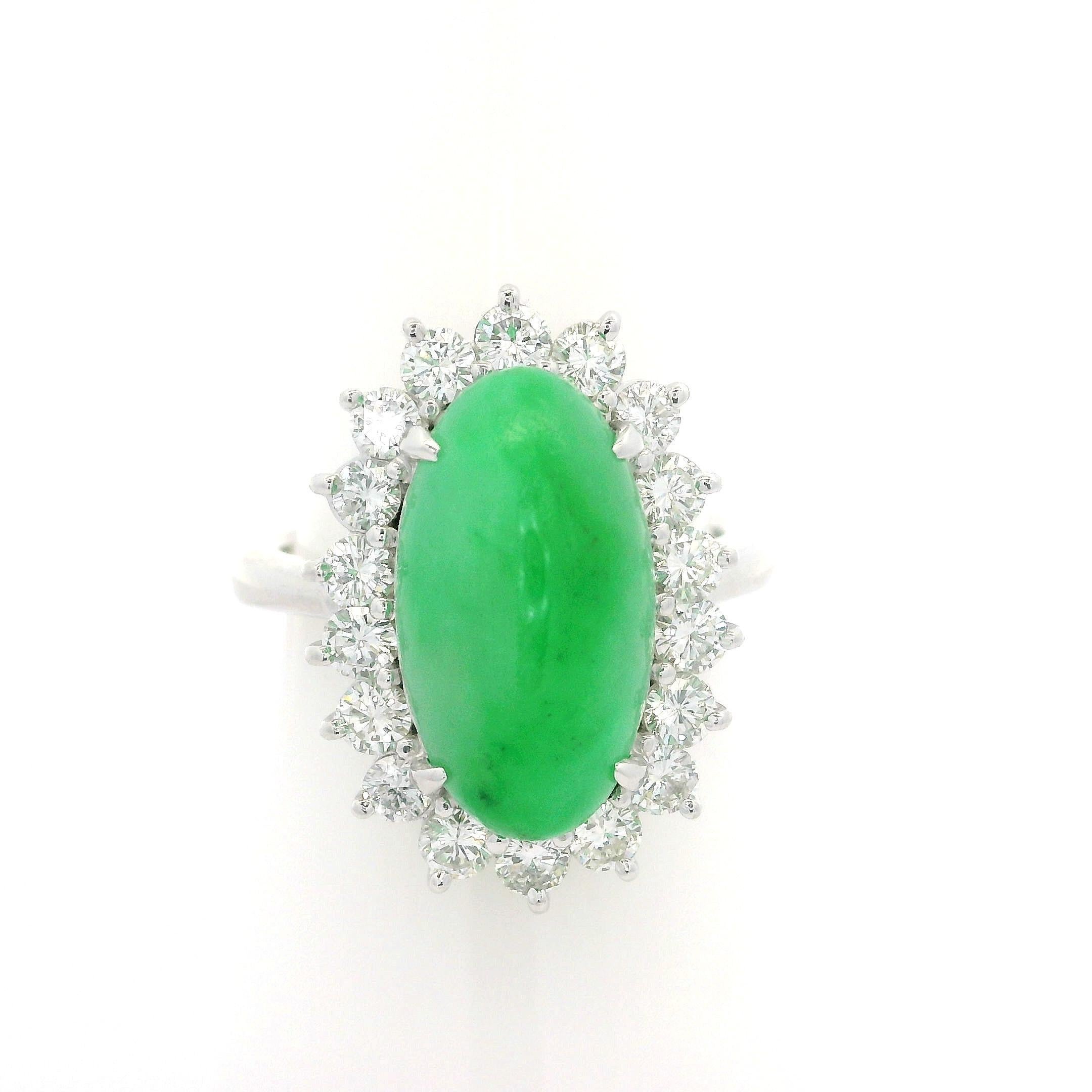Platinum GIA 7.47ctw Elongated Oval Cabochon A Jade Diamond Halo Cocktail Ring For Sale 8