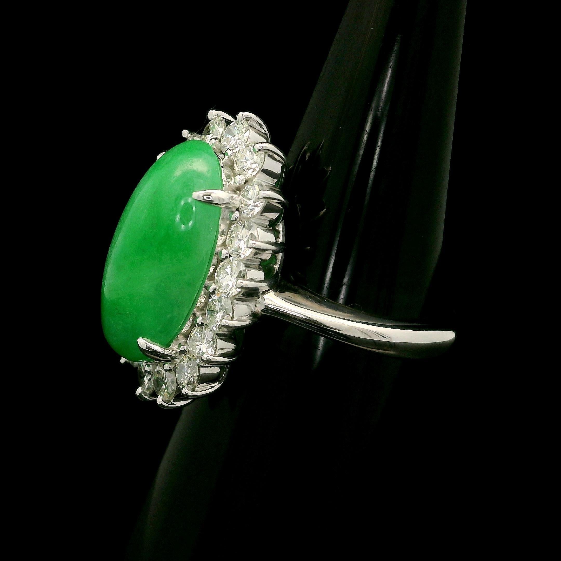 --Stone(s):--
(1) Natural Genuine Jade - Elongated Oval Cabochon Cut - Prong Set - Green Color - 100% Natural - 6.33ct (exact - certified)
** See Certification Details Below for Complete Info **
(18) Natural Genuine Diamonds - Round Brilliant Cut -