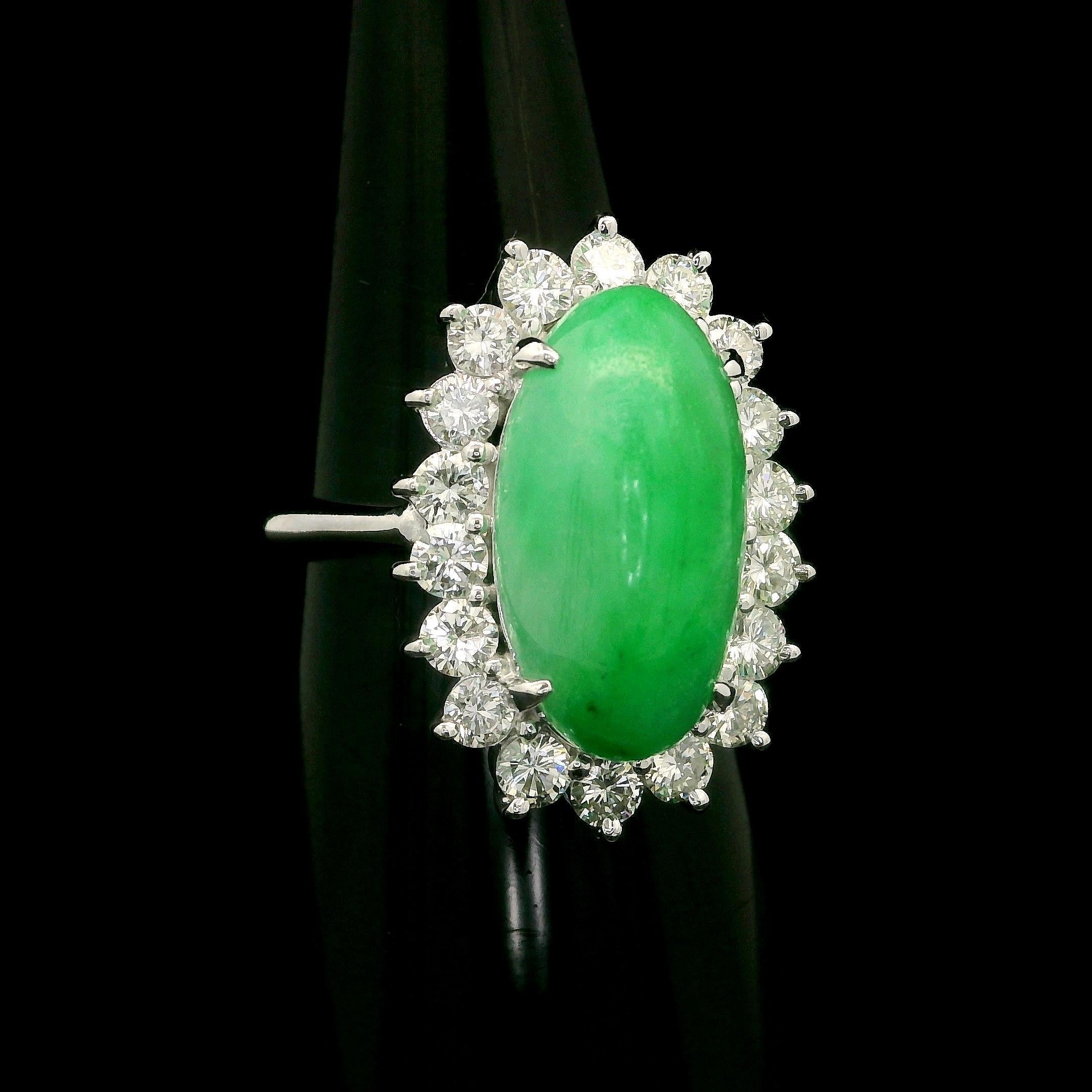 Women's Platinum GIA 7.47ctw Elongated Oval Cabochon A Jade Diamond Halo Cocktail Ring For Sale