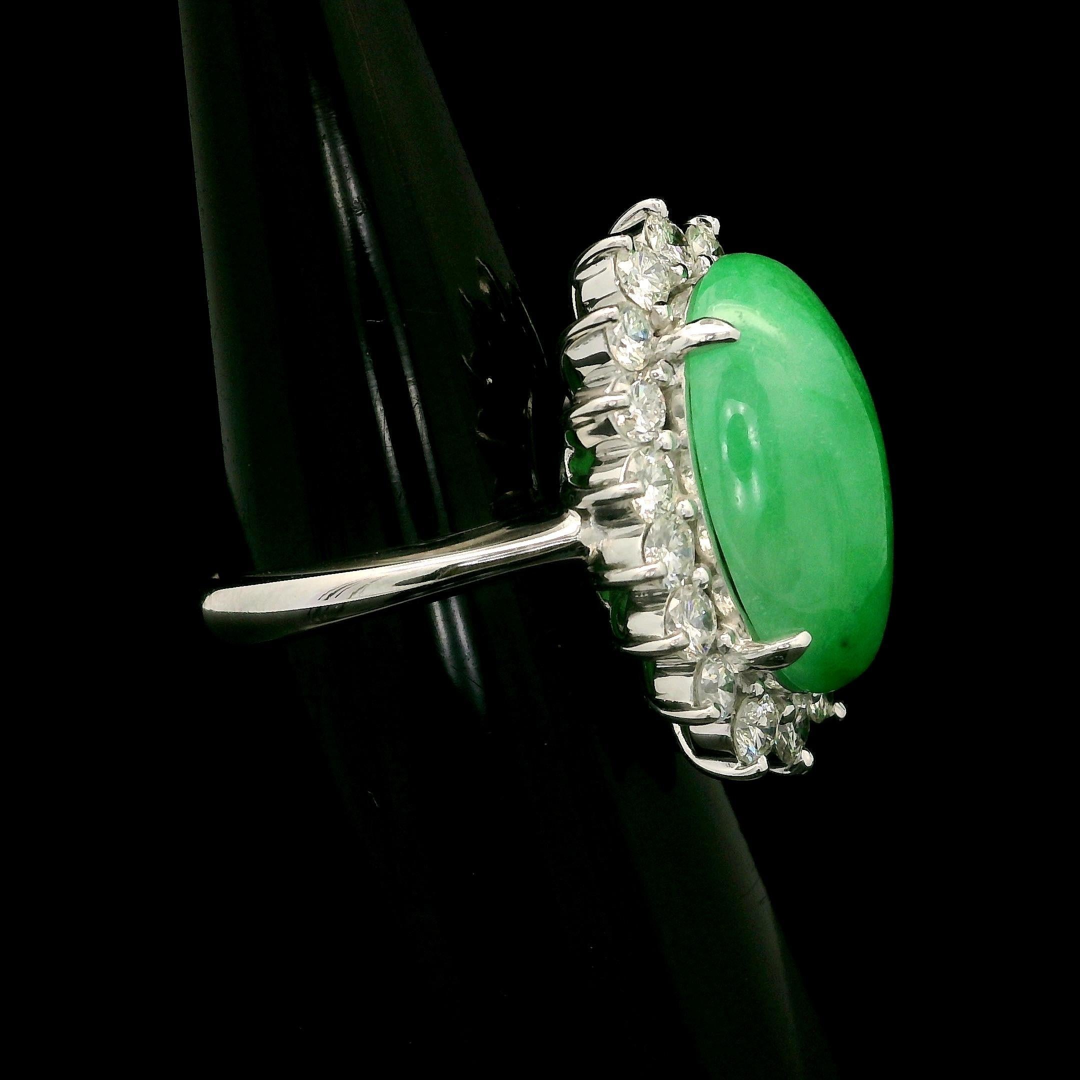 Platinum GIA 7.47ctw Elongated Oval Cabochon A Jade Diamond Halo Cocktail Ring For Sale 1