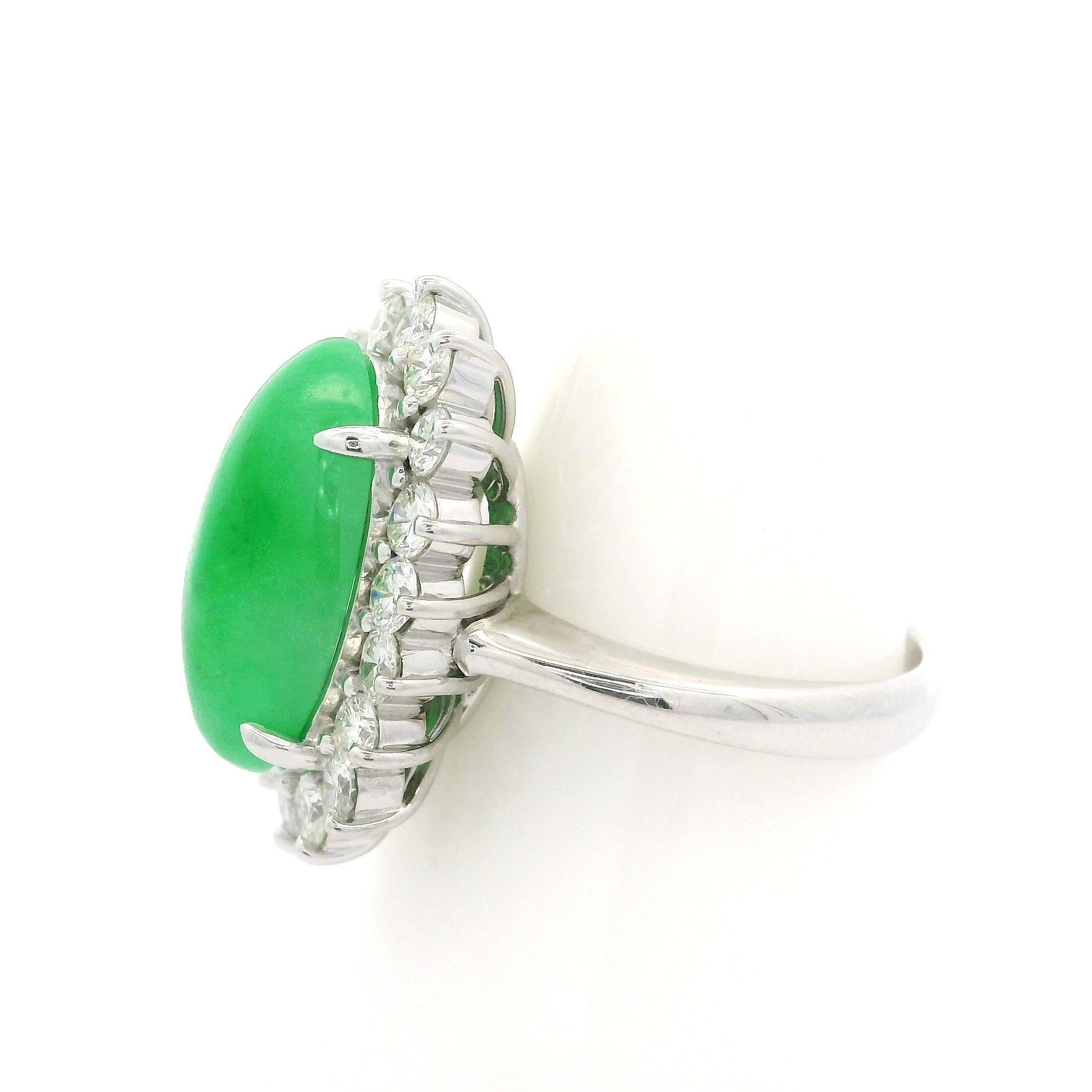 Platinum GIA 7.47ctw Elongated Oval Cabochon A Jade Diamond Halo Cocktail Ring For Sale 2