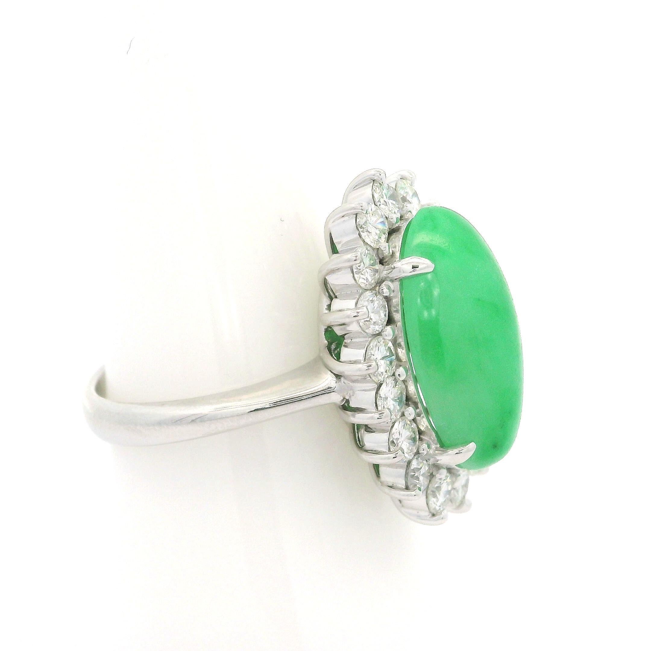 Platinum GIA 7.47ctw Elongated Oval Cabochon A Jade Diamond Halo Cocktail Ring For Sale 3