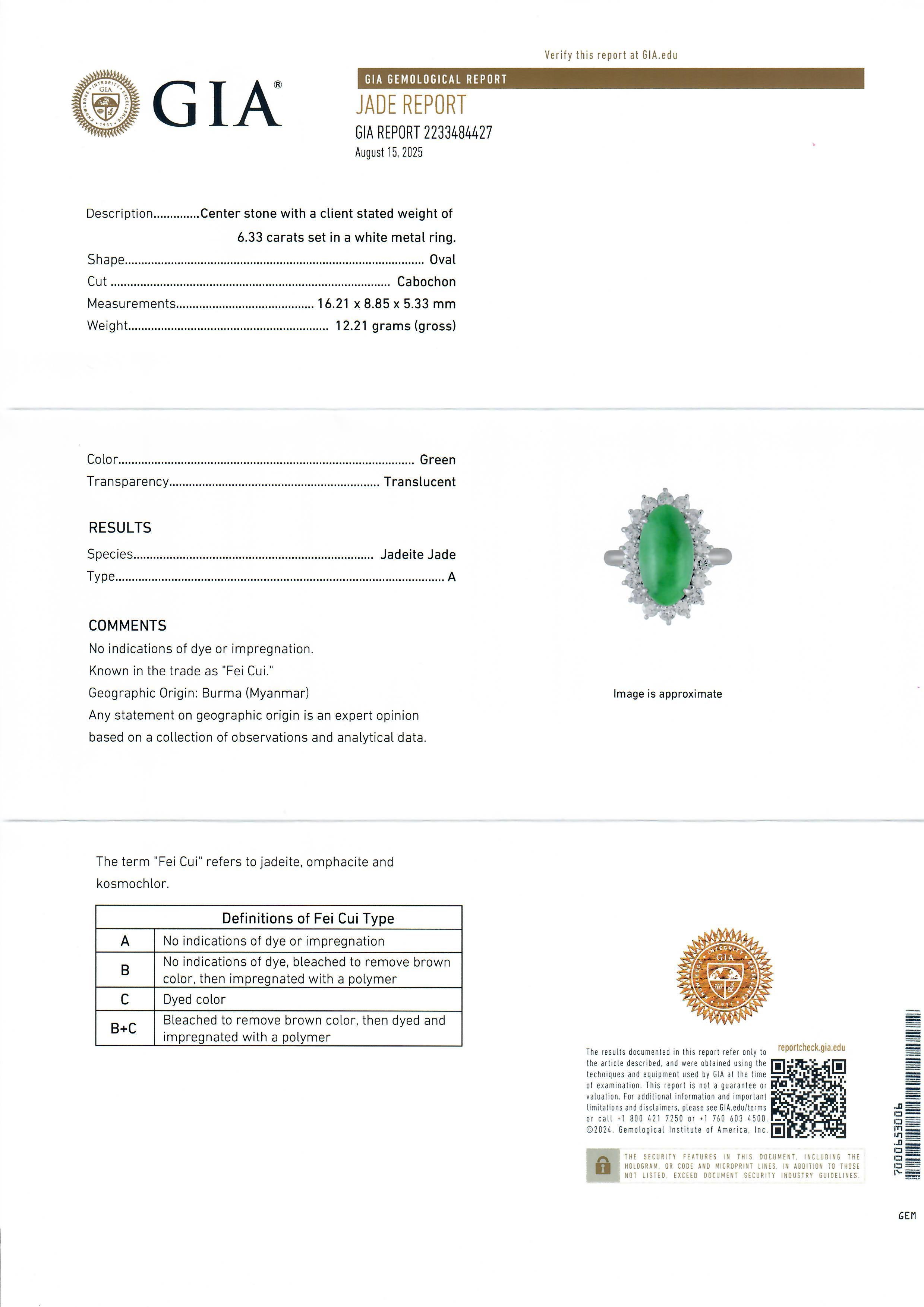 Platinum GIA 7.47ctw Oval Cabochon A Burma Jade Diamond Halo Cocktail Ring For Sale 9
