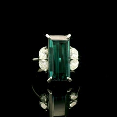 Platinum GIA 7.57ct Long Emerald Cut Indicolite Blue Tourmaline & Diamond Ring