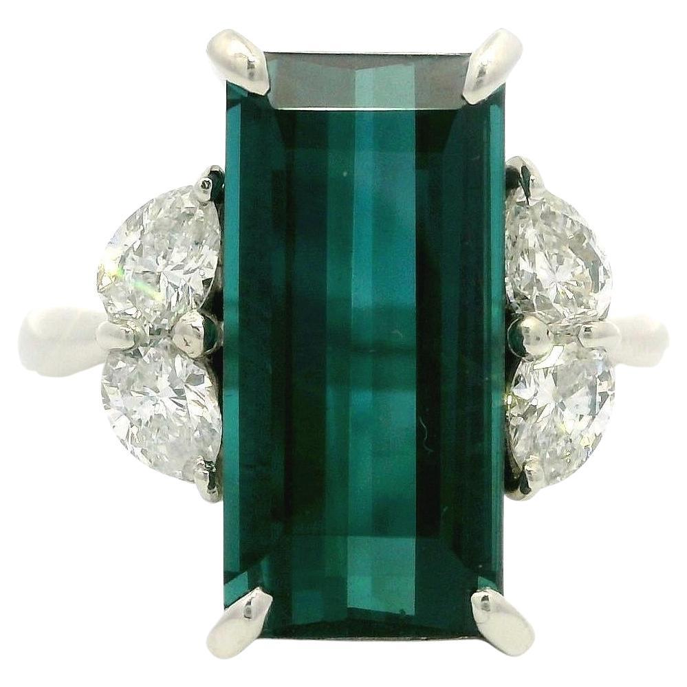 Platinum GIA 7.57ct Long Emerald Cut Indicolite Blue Tourmaline & Diamond Ring