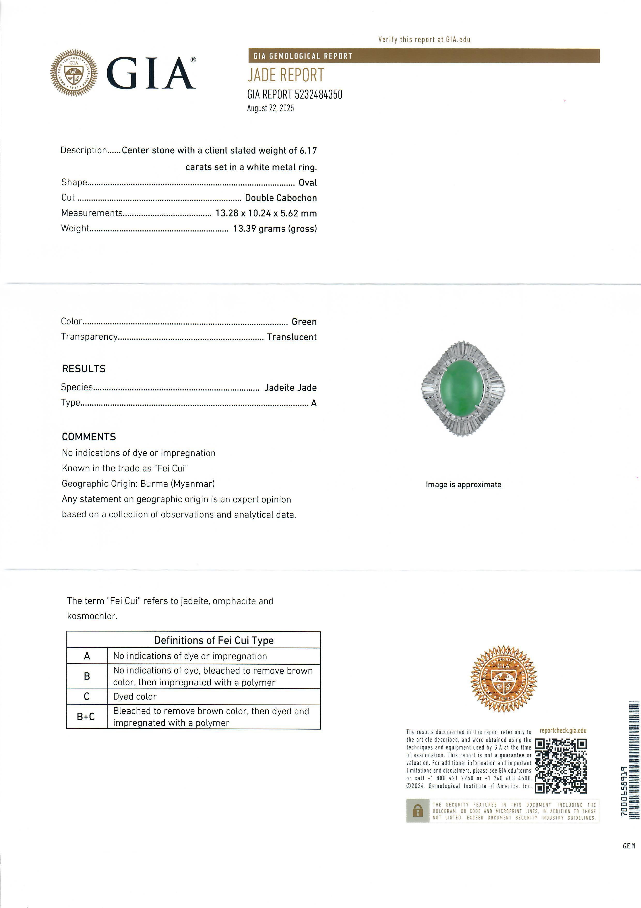 Platinum GIA 7.65ctw A Quality Burma Jade & Diamond Wavy Ballerina Cocktail Ring For Sale 9