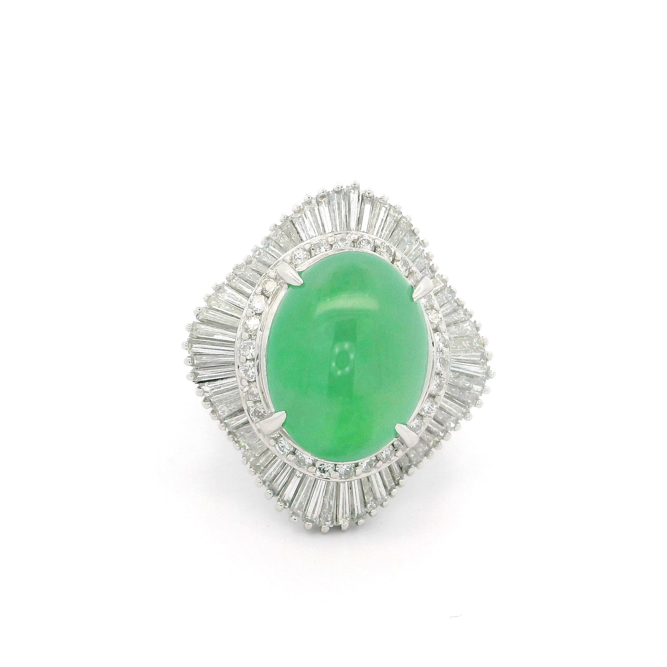 Stones:
1 Natural Genuine Jadeite Jade - Oval Double Cabochon Cut - Prong Set - Green Color - 100 Natural - Type A - 6.17ct exact - certified
 See Certification Details Below for Complete Info 
Numerous Natural Genuine Diamonds - Round Brilliant and