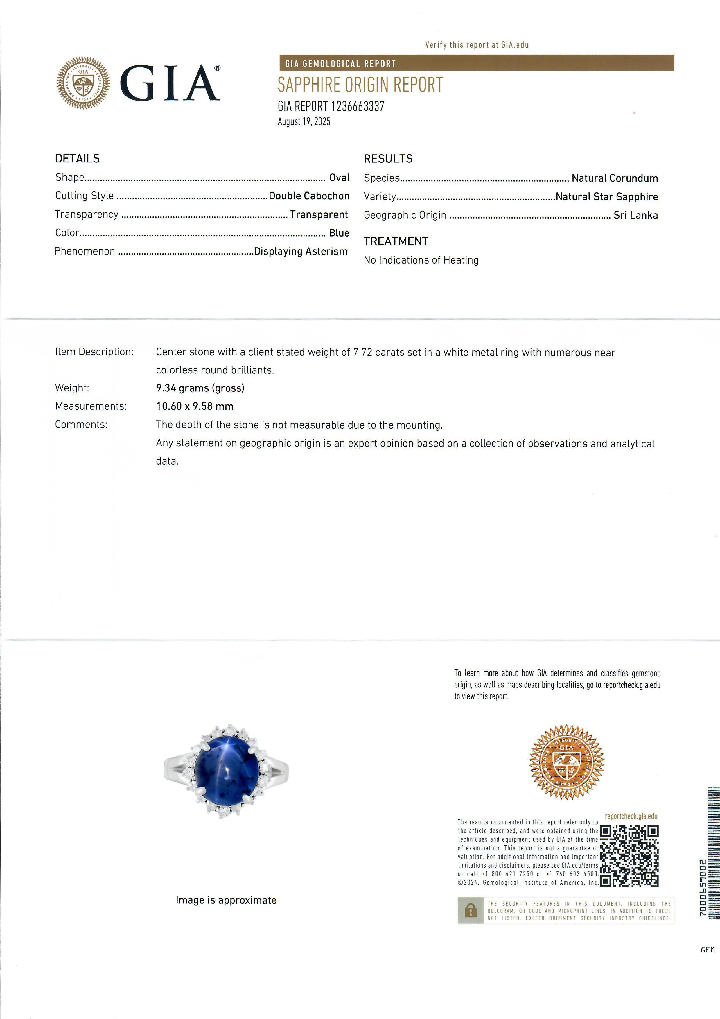 Cabochon Platino GIA 8,07ctw Senza calore Ceylon Blue Star Sapphire Diamond Halo Ring in vendita
