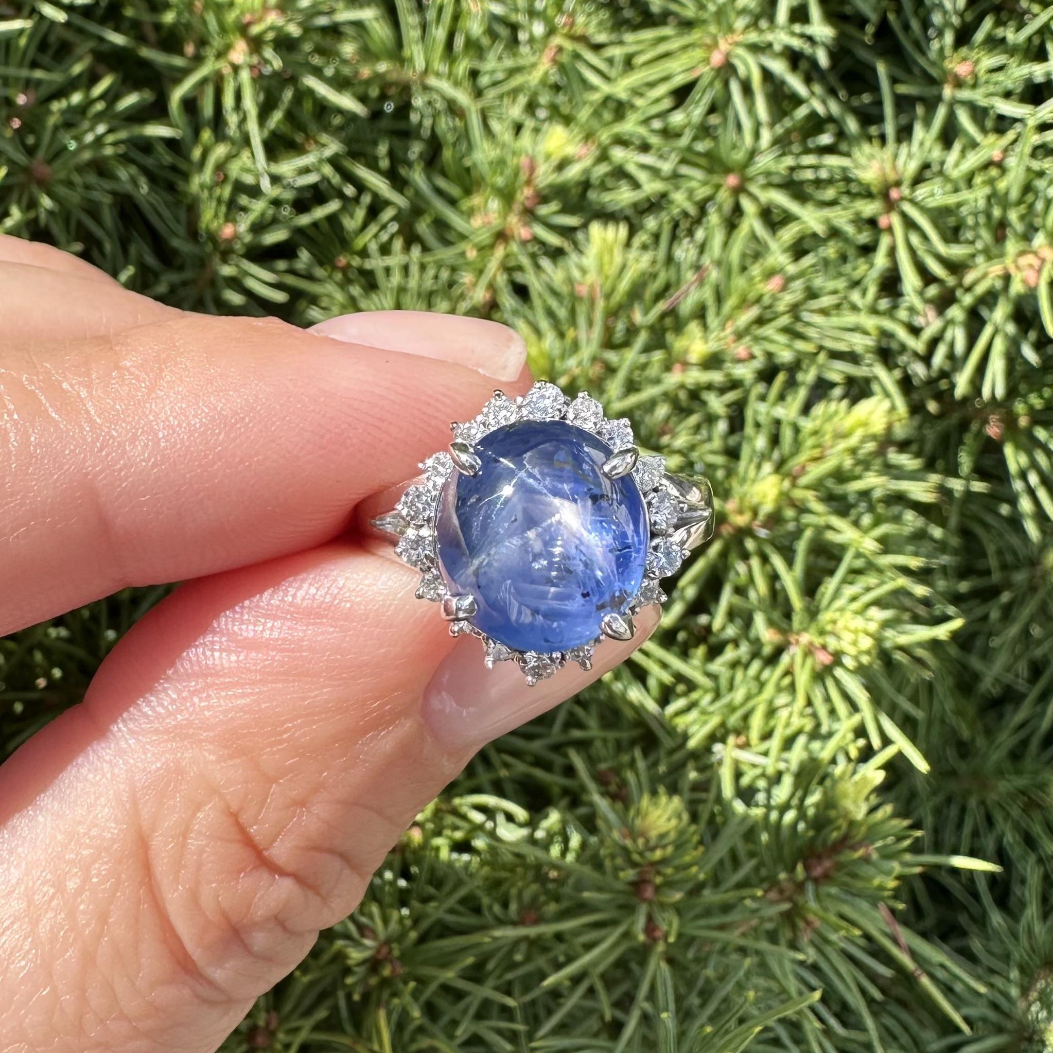 Platino GIA 8,07ctw Senza calore Ceylon Blue Star Sapphire Diamond Halo Ring in vendita 2