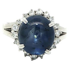 Platino GIA 8,07ctw Senza calore Ceylon Blue Star Sapphire Diamond Halo Ring