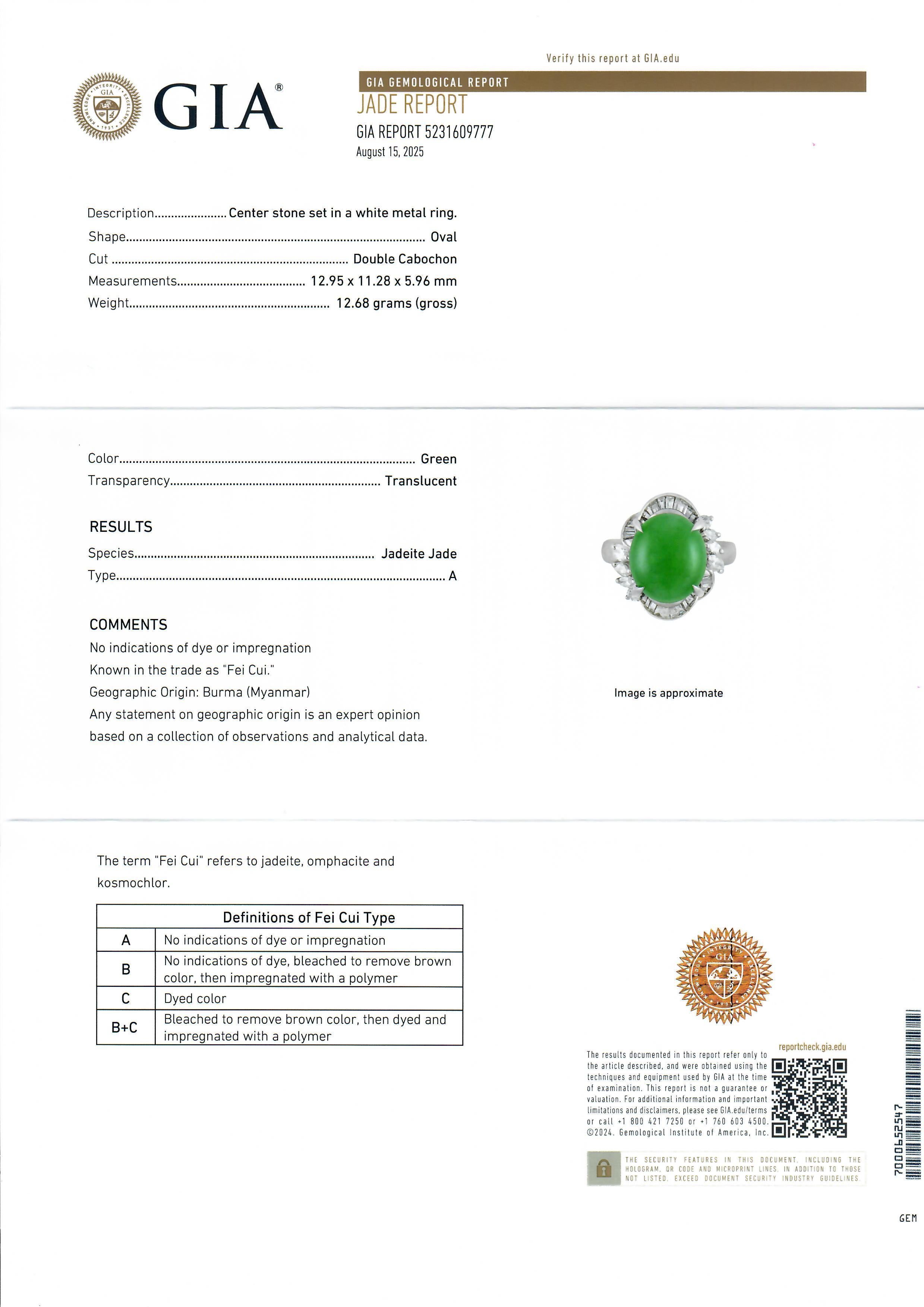 Platinum GIA 8.15ctw Cabochon A Natural Burma Jade w/ Diamond Cocktail Ring For Sale 10