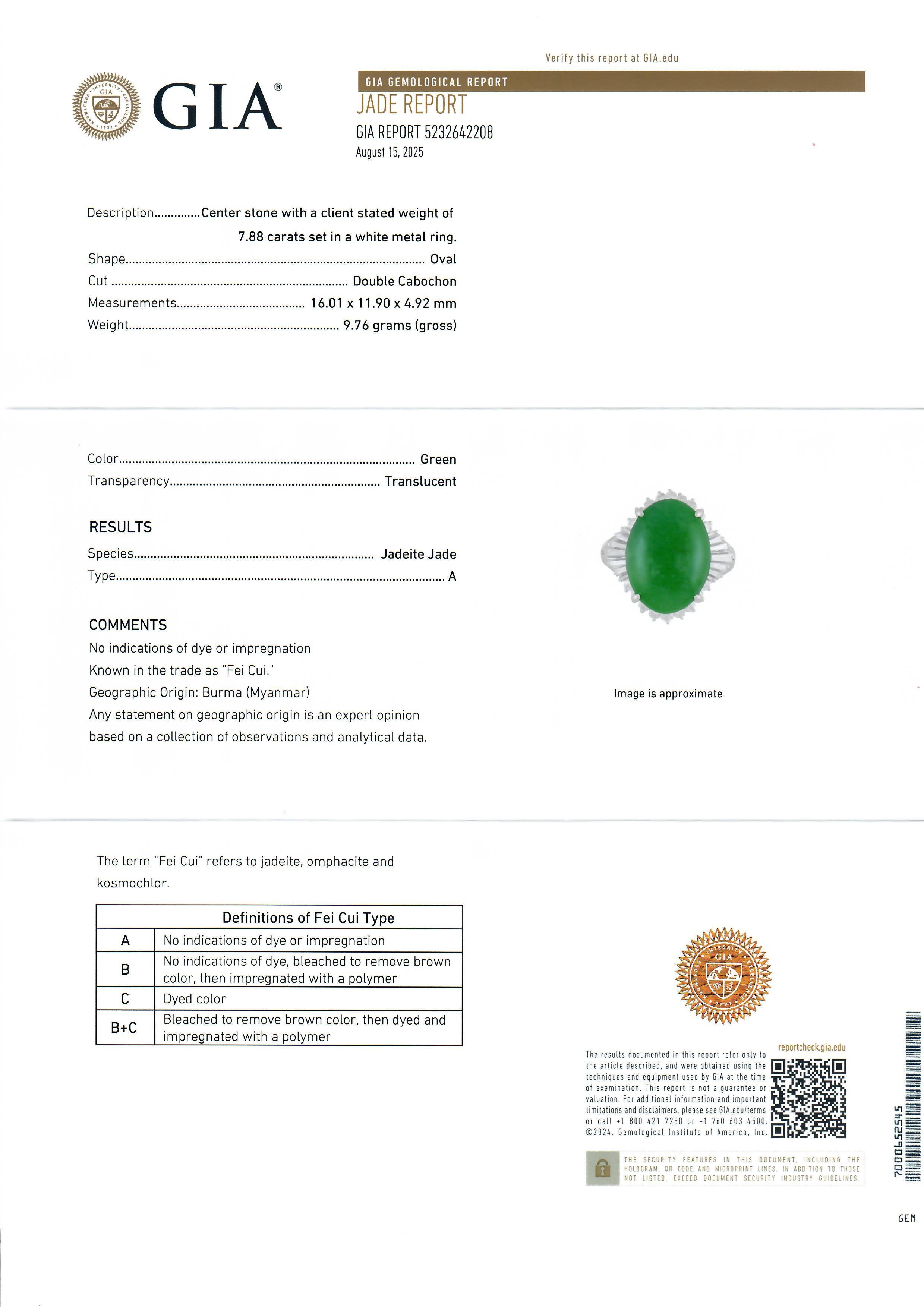 Platinum GIA 8.68ct Oval A Natural Green Burma Jade Diamond Ballerina Ring For Sale 10