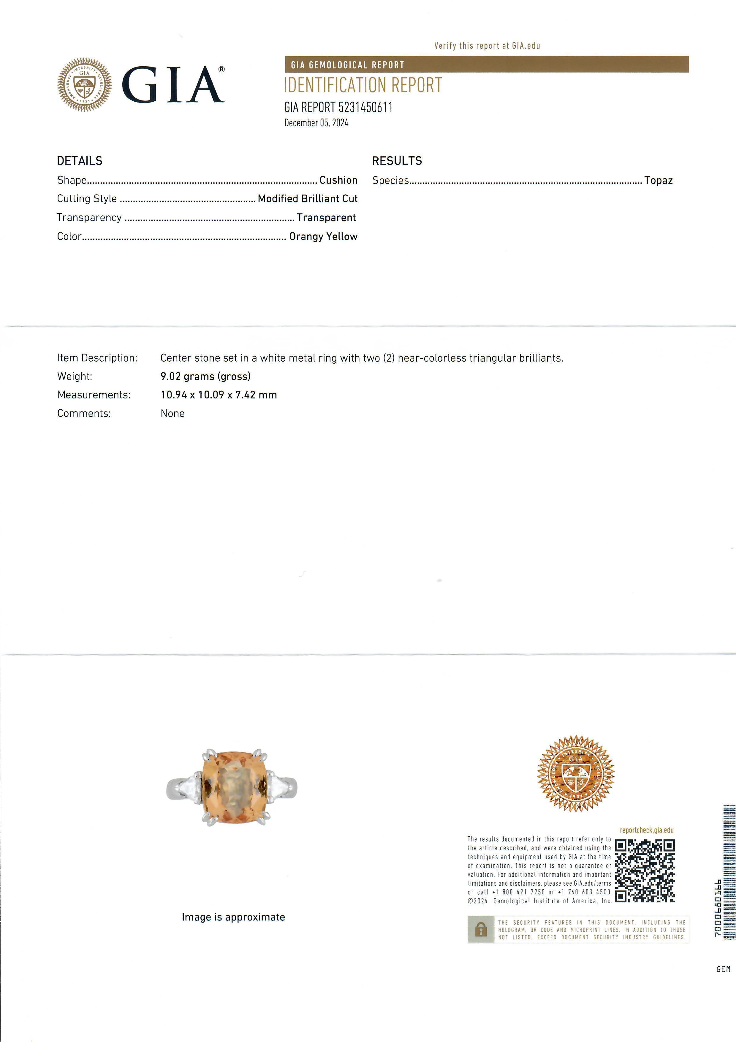 Cushion Cut Platinum GIA 8.71ctw Cushion Precious Imperial Topaz Trillion Diamond Ring