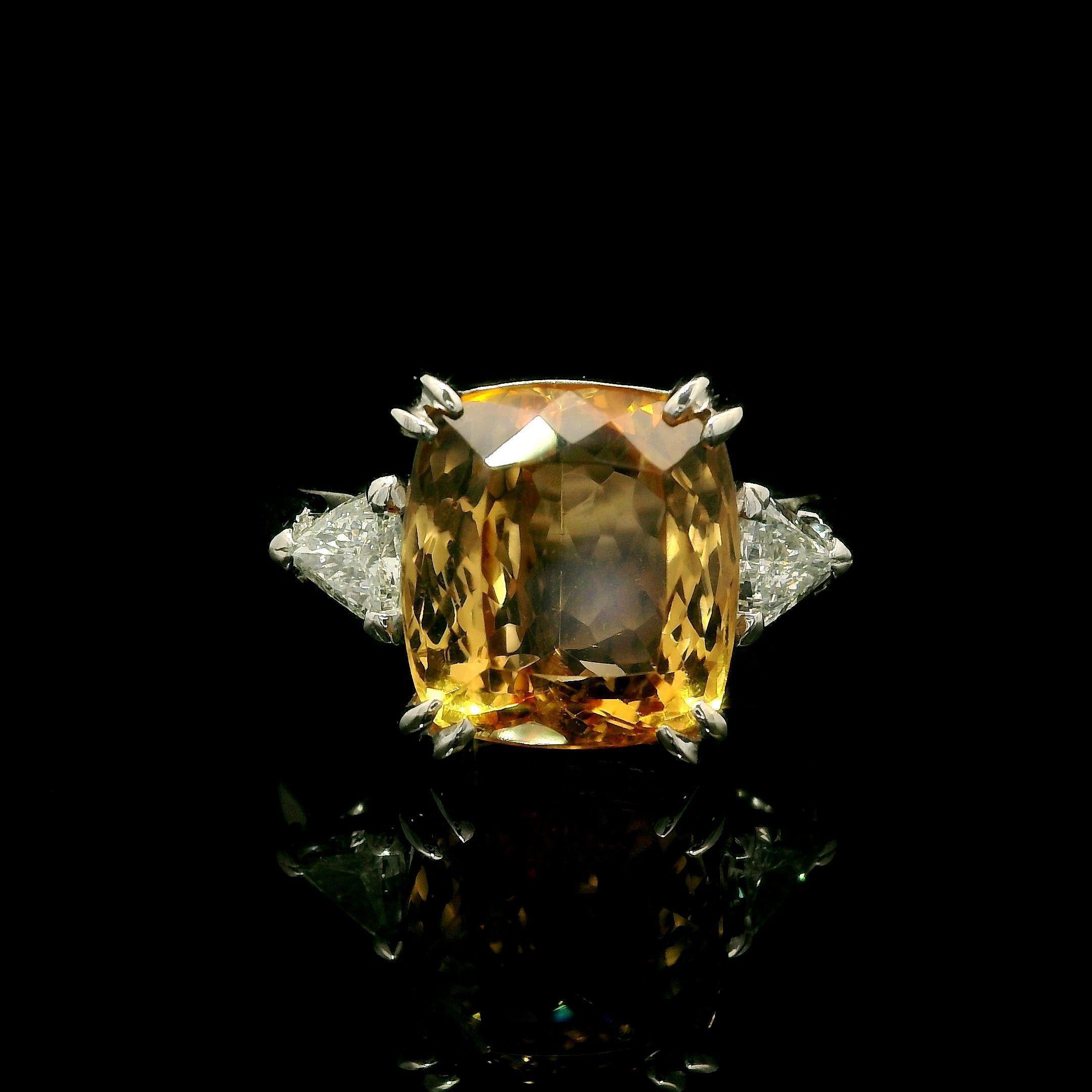 Platinum GIA 8.71ctw Cushion Precious Imperial Topaz Trillion Diamond Ring In Good Condition In Montclair, NJ
