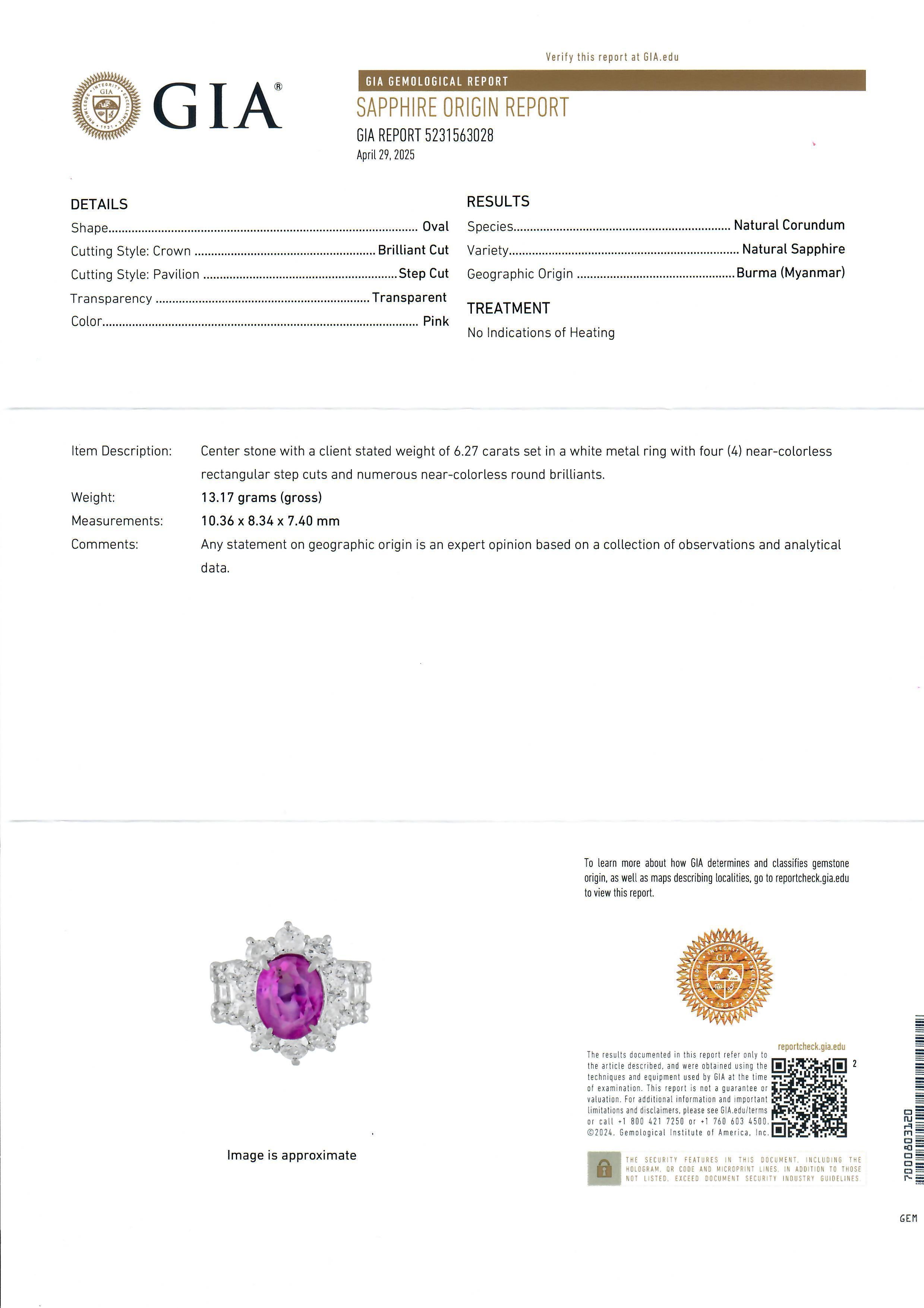 Anello in platino GIA 9,22ctw ovale senza calore con zaffiro rosa di Birmania e diamanti in vendita 3