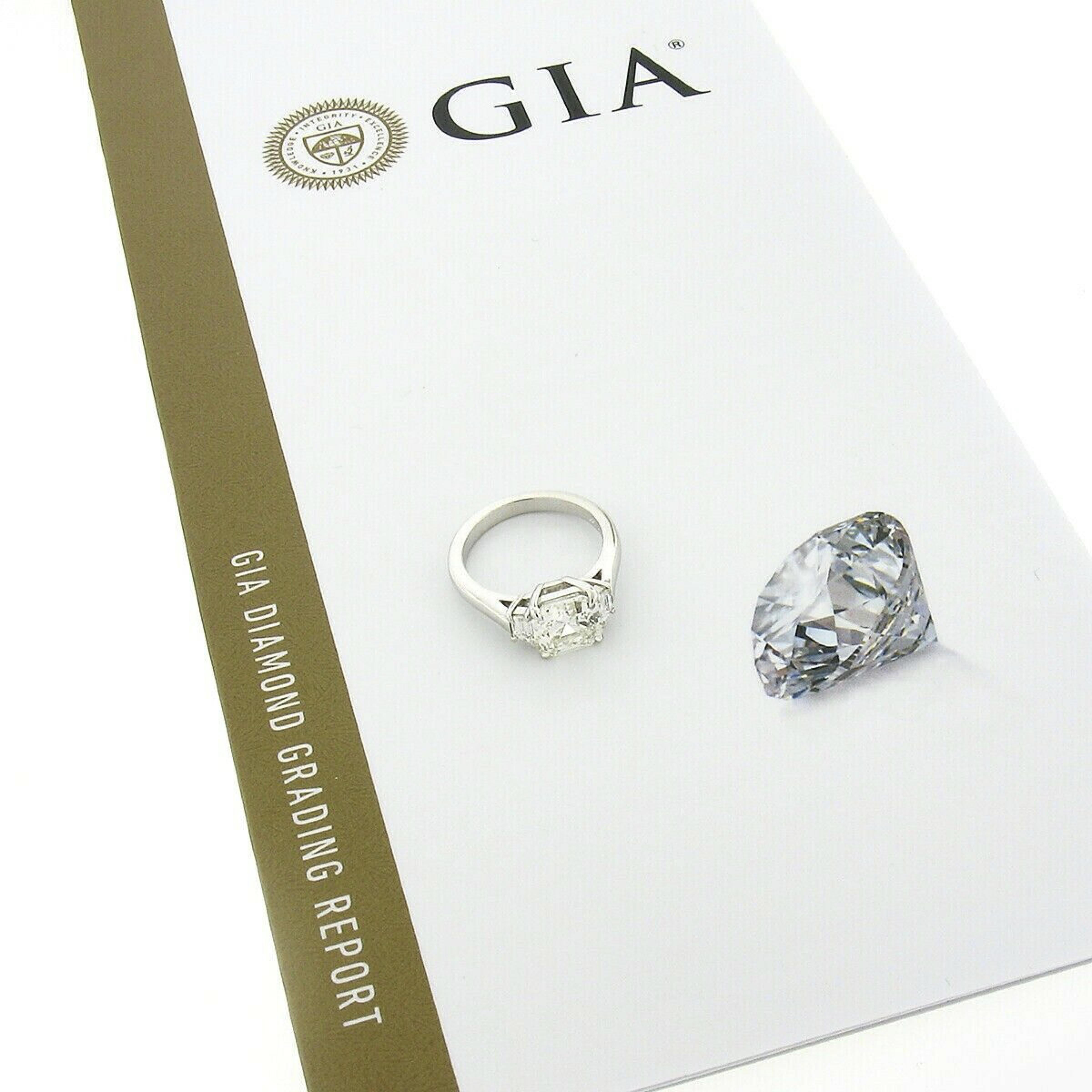 Platinum GIA Asscher Cut Diamond Solitaire w/ Trapezoid 3 Stone Engagement Ring 3