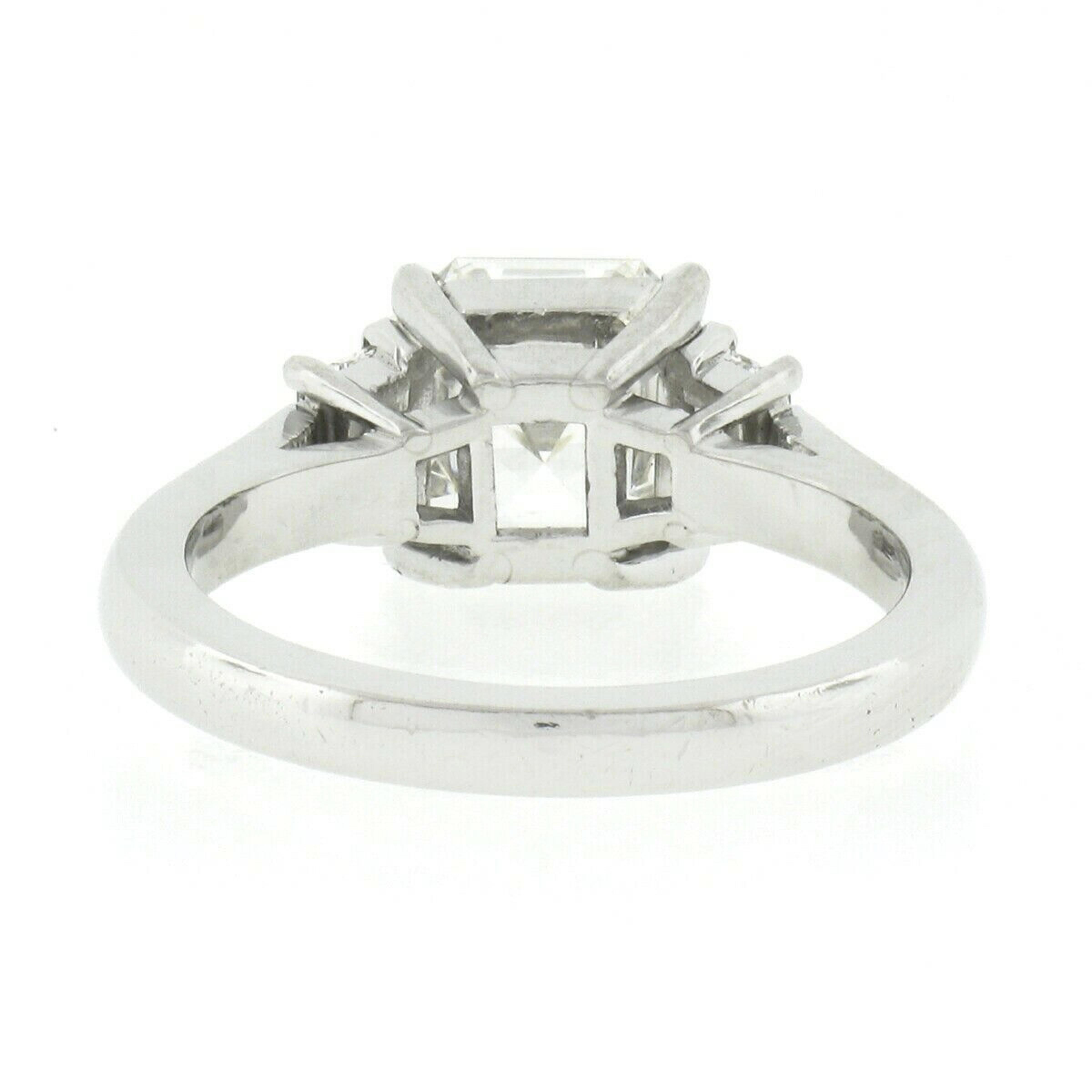 Women's Platinum GIA Asscher Cut Diamond Solitaire w/ Trapezoid 3 Stone Engagement Ring