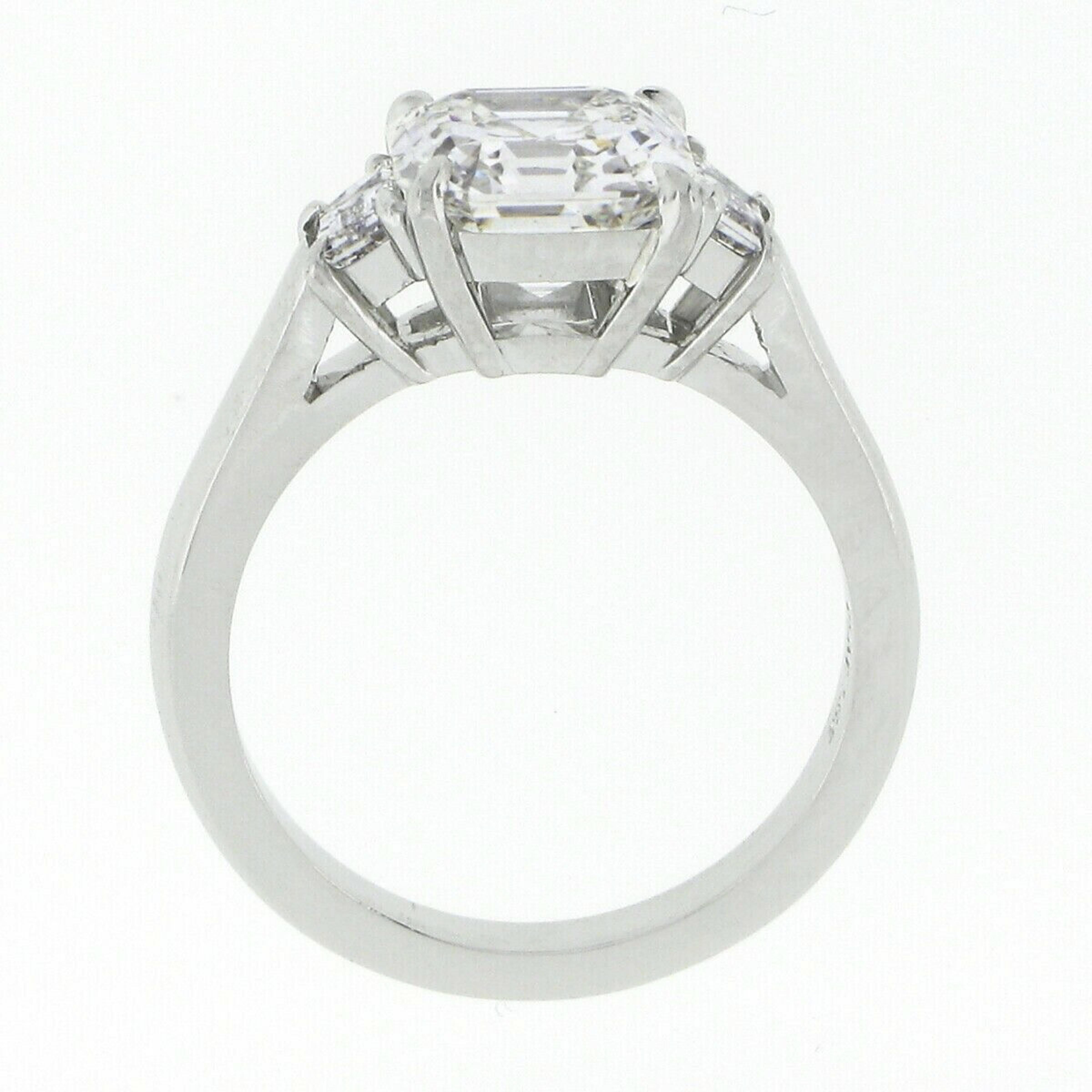 Platinum GIA Asscher Cut Diamond Solitaire w/ Trapezoid 3 Stone Engagement Ring 1