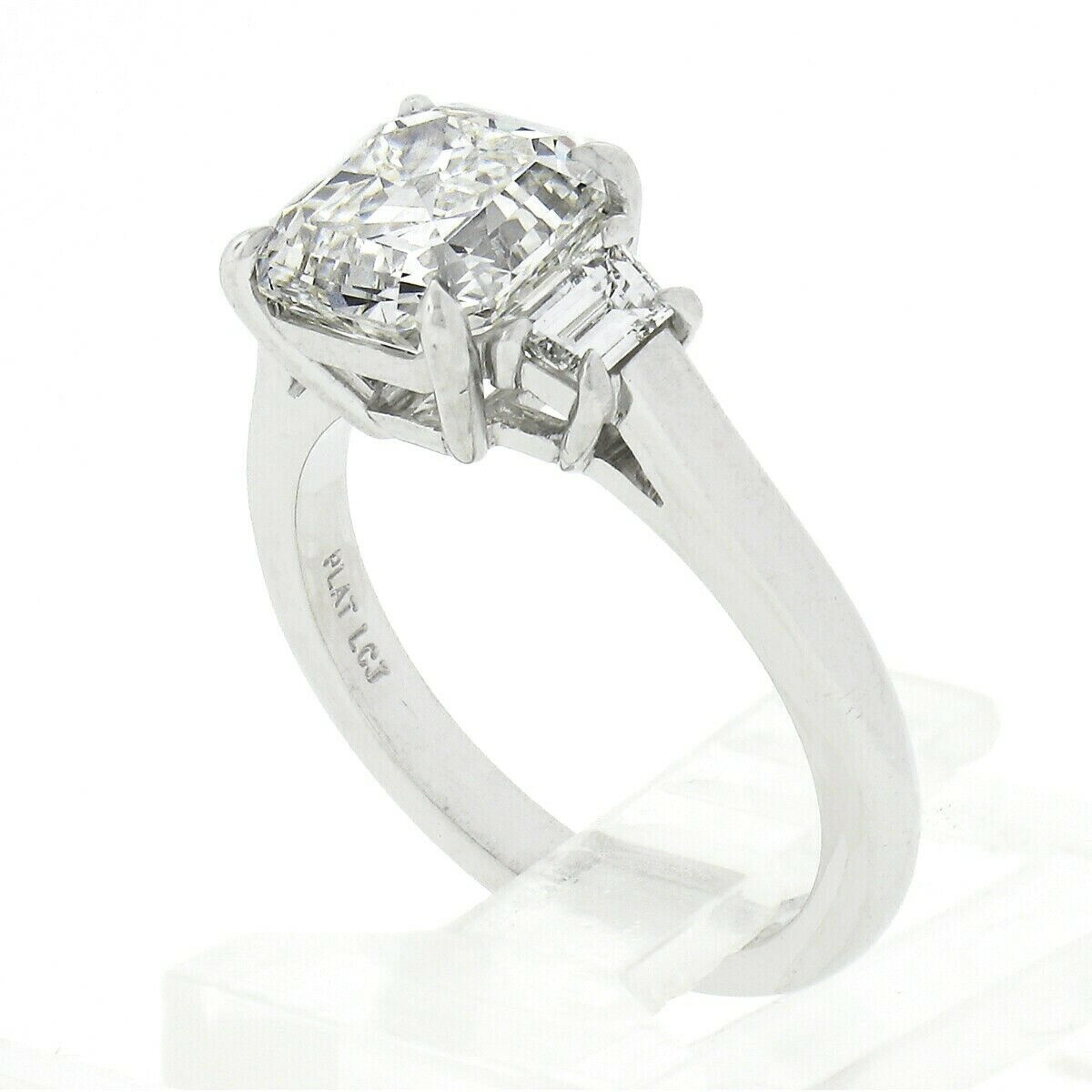 Platinum GIA Asscher Cut Diamond Solitaire w/ Trapezoid 3 Stone Engagement Ring 2