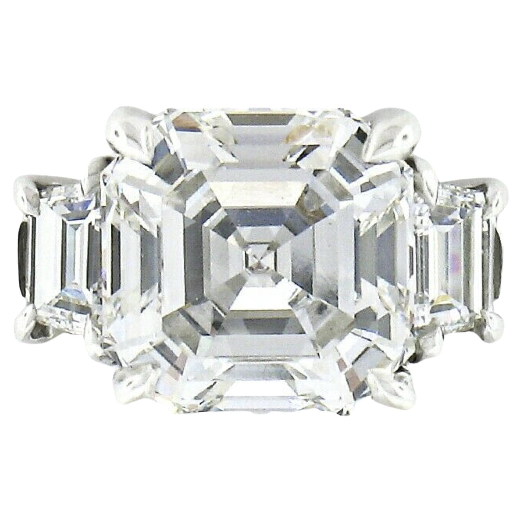 Platinum GIA Asscher Cut Diamond Solitaire w/ Trapezoid 3 Stone Engagement Ring