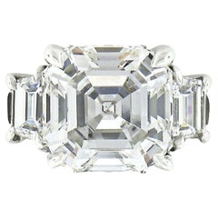 Platinum GIA Asscher Cut Diamond Solitaire w/ Trapezoid 3 Stone Engagement Ring