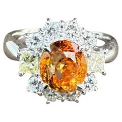 Platinum GIA Bright Orange Oval Sapphire Princess & Round Diamond 3.13ctw Ring