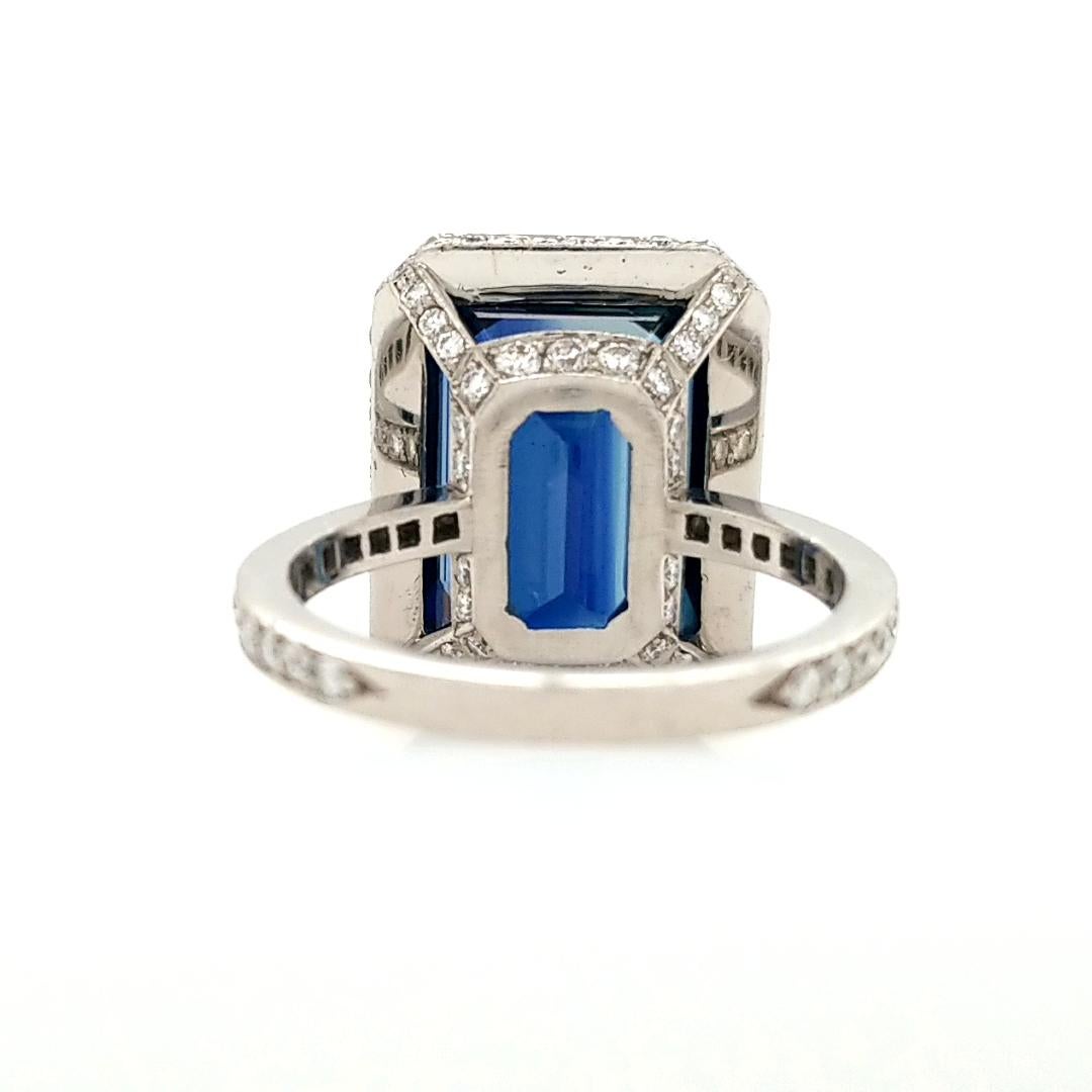Women's Platinum GIA Certified 10.29 Carat Octagonal Sapphire Diamond Halo Ring For Sale