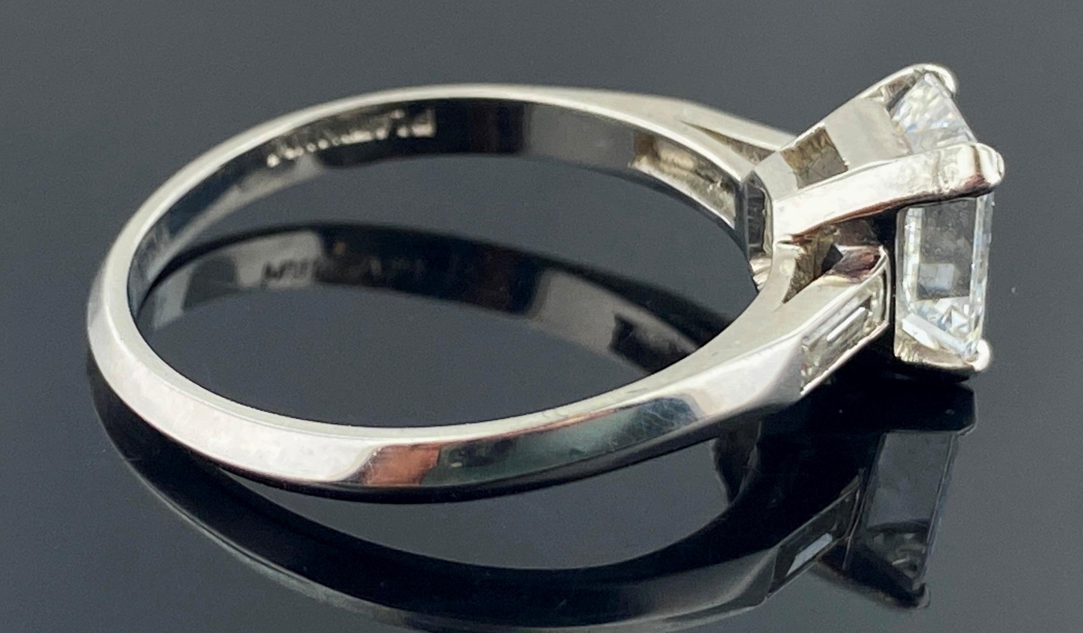 Platinum GIA Certified 1.36 Carat Emerald Cut Diamond Ring For Sale 1