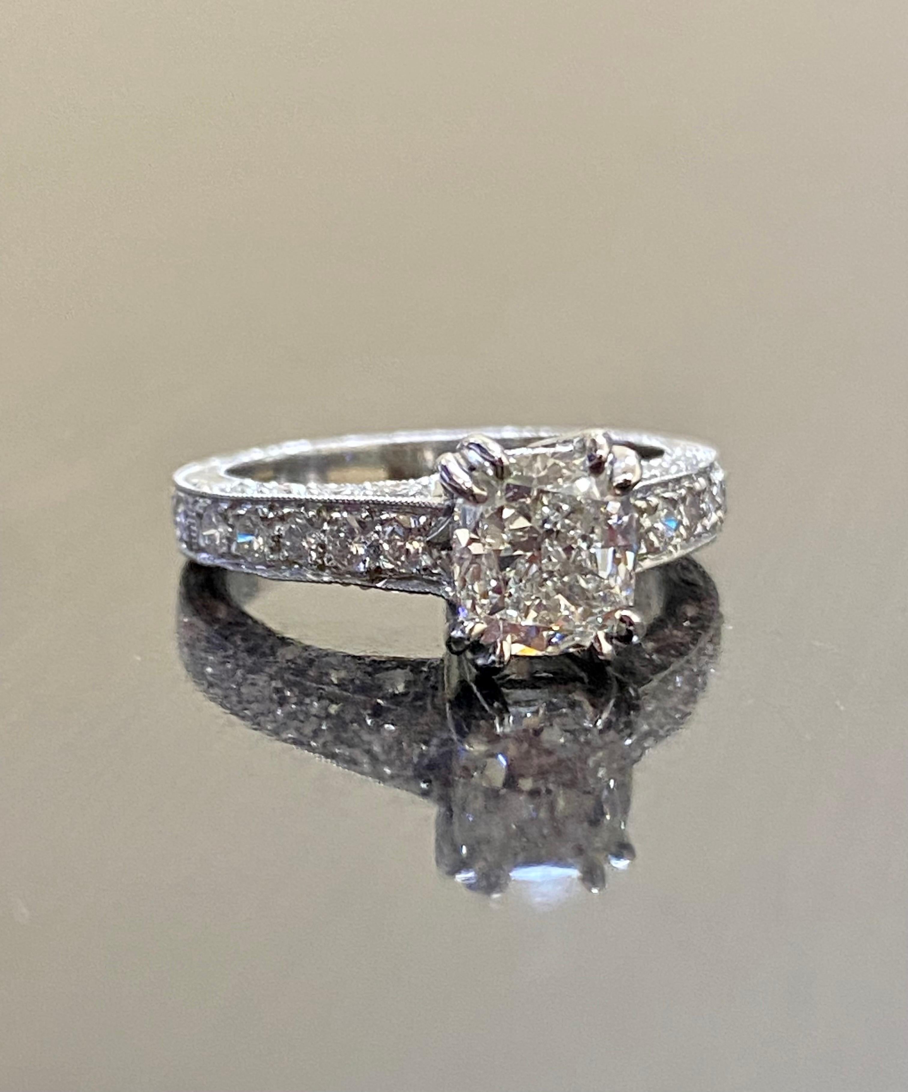 Art Deco Platinum GIA Certified 1.50 Carat I Color Cushion Cut Diamond Engagement Ring  For Sale