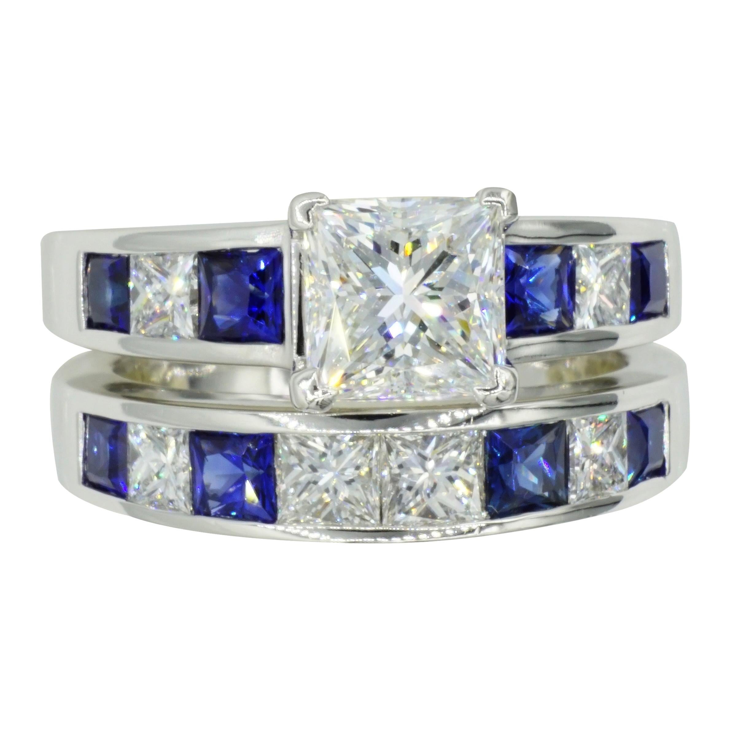 Platinum GIA Certified 1.53ct Princess Cut Diamond Sapphire Wedding Set by RGC