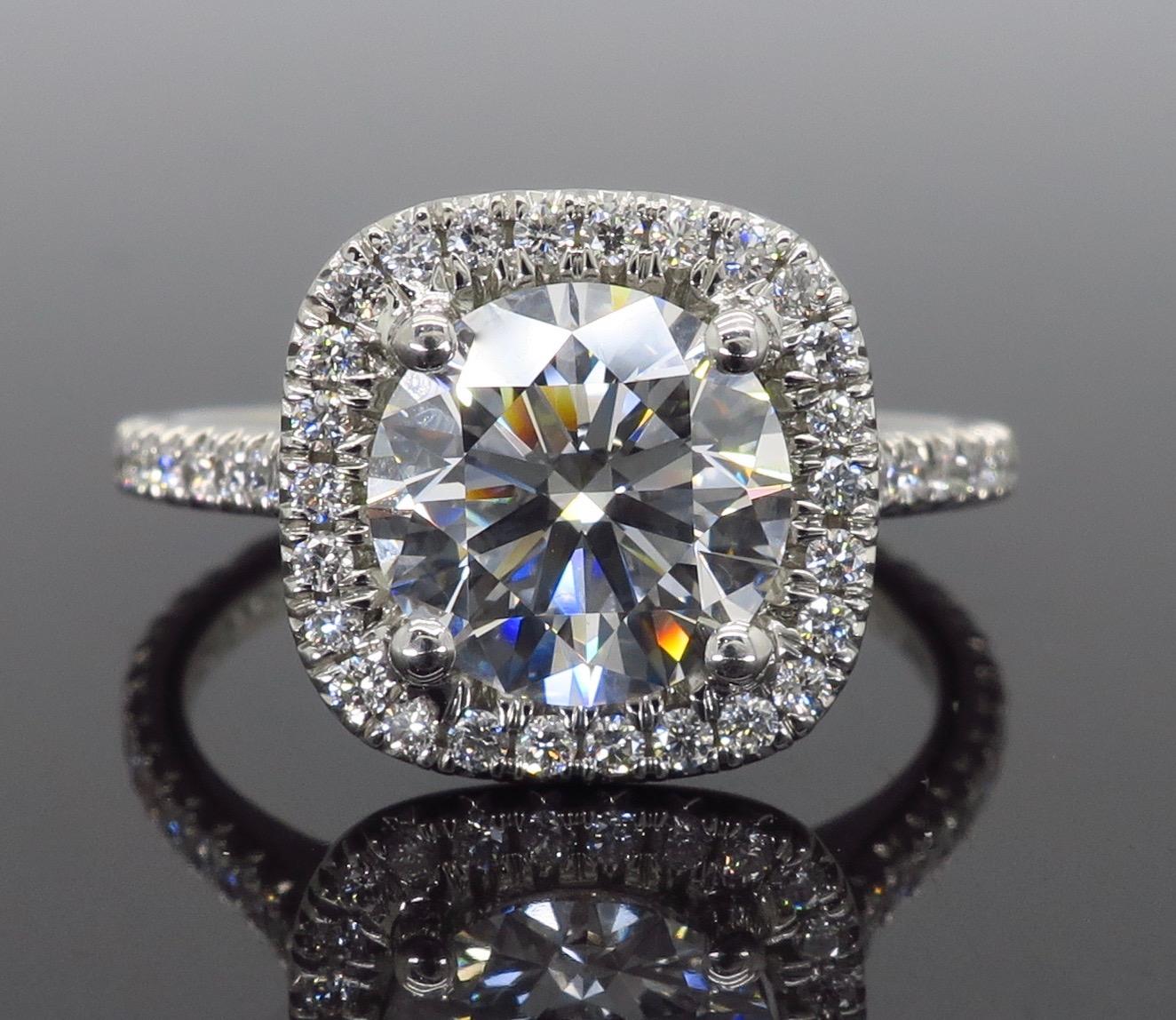 Platinum GIA Certified 1.73 Carat Diamond Halo Engagement Ring In Excellent Condition In Webster, NY