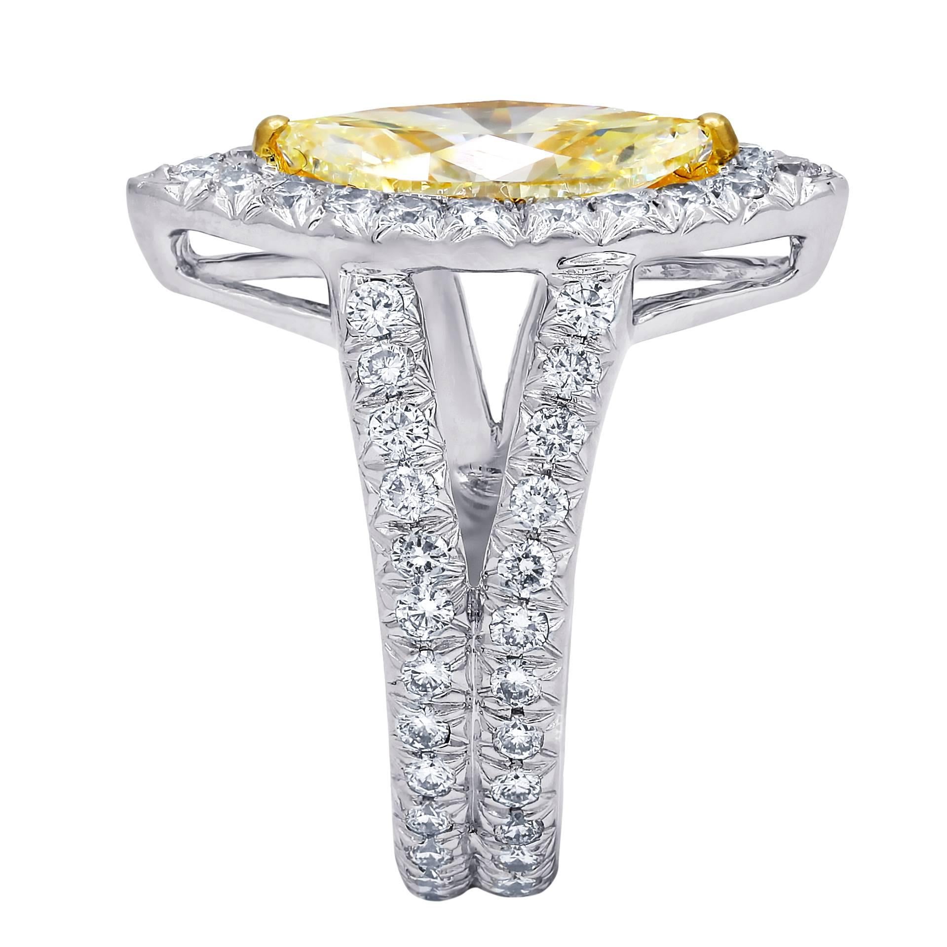 Marquise Cut Platinum GIA Certified 2.51 Carat Fancy Yellow-VS2 Diamond Ring For Sale
